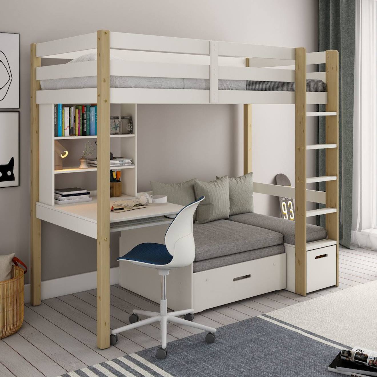 Lit Mezzanine Avec Bureau Et Chauffeuse Pin Massif Arthur Blanc-bois