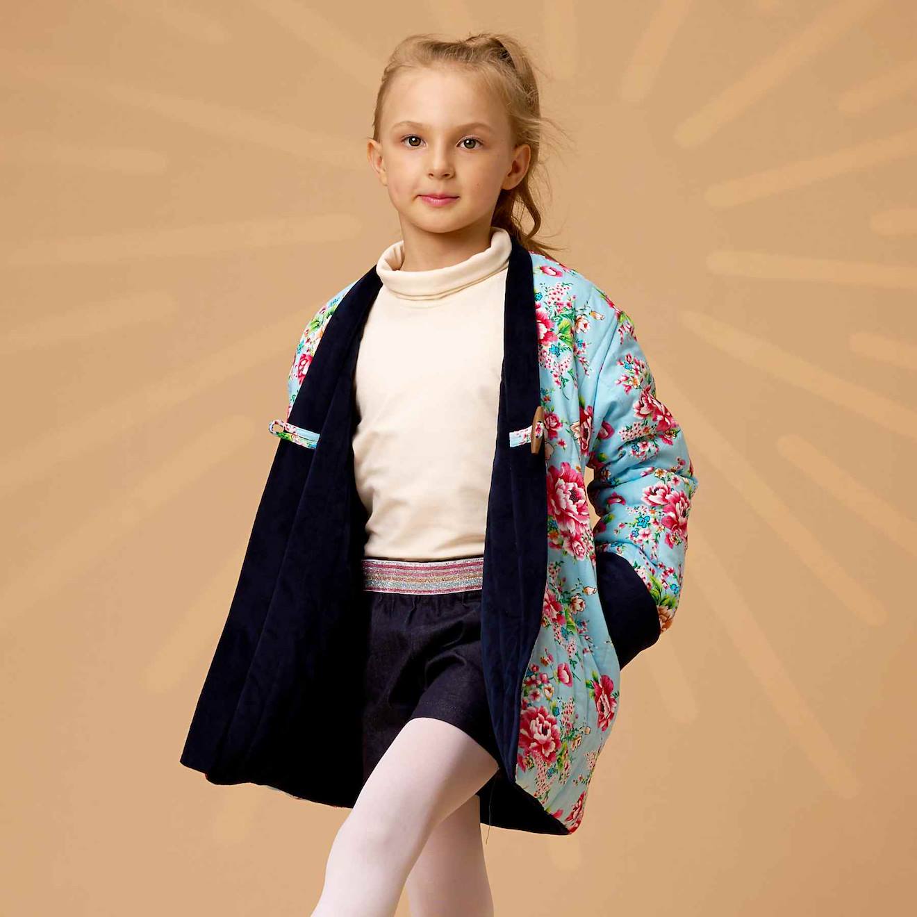Veste Chinoise Réversible Fleurie Kim Bleu Marine Bleu Turquoise
