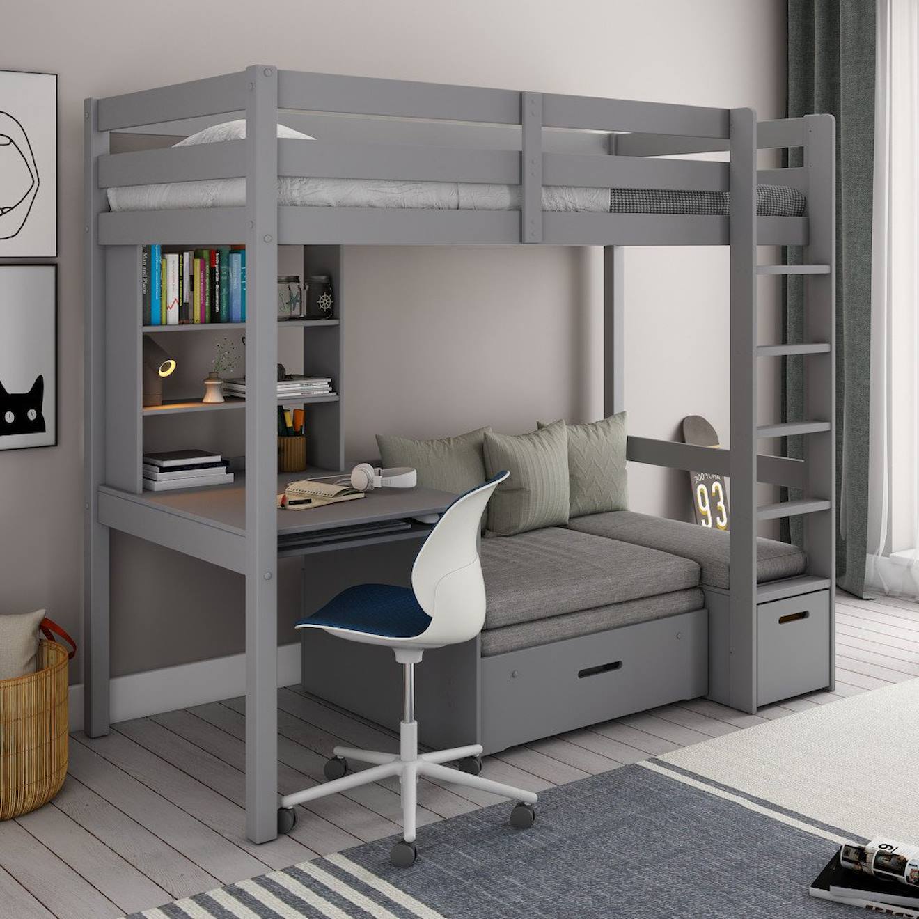 Lit Mezzanine Avec Bureau Et Chauffeuse Pin Massif Arthur Gris