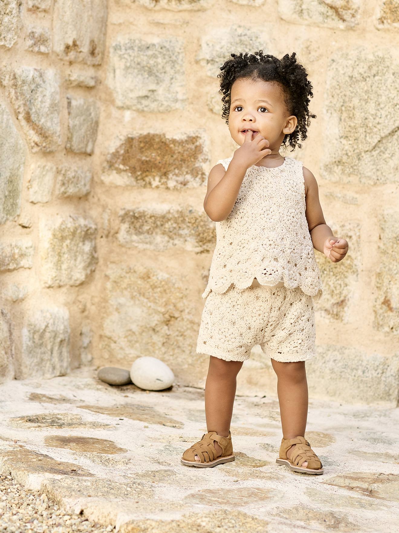 Ensemble bébé top + short en macramé vanille