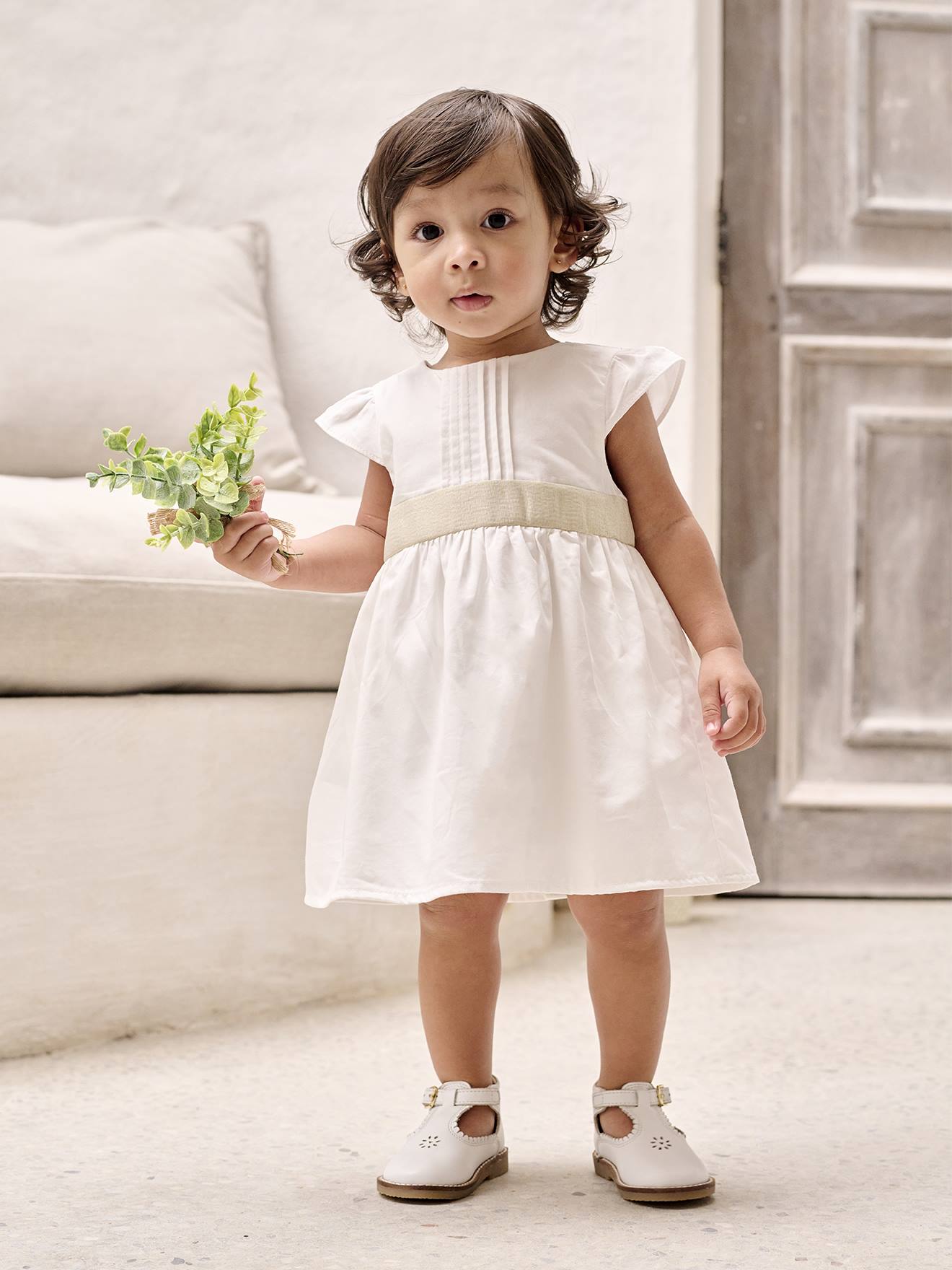 Robe cérémonie bébé fille ceinture nouée au dos blanc