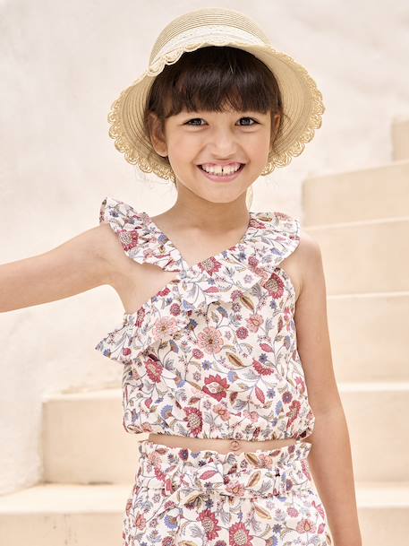 Fille-Chemise, blouse, tunique-Blouse à volant asymétrique fille imprimée fleurs