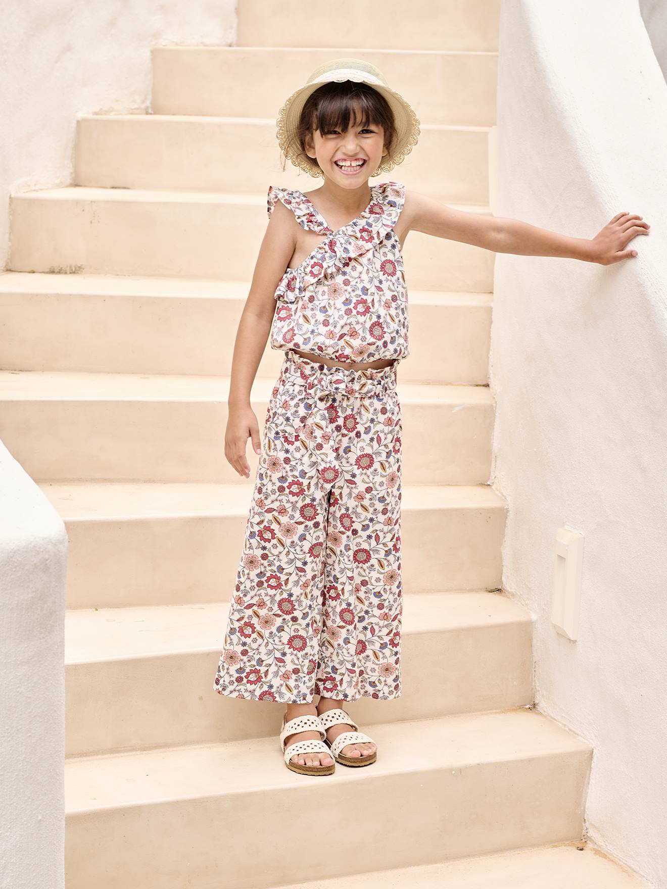 Pantalon large Imprimé fleurs fille écru
