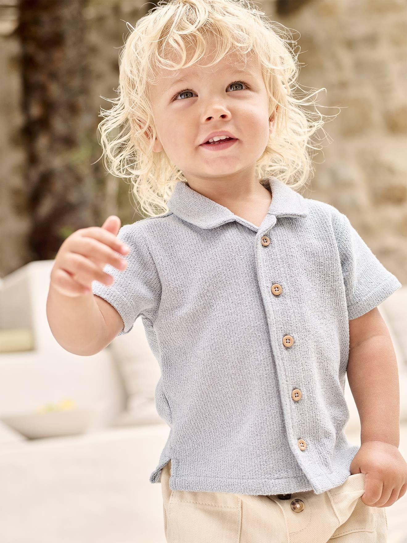 Chemise manches courtes maille fantaisie bébé bleu grisé