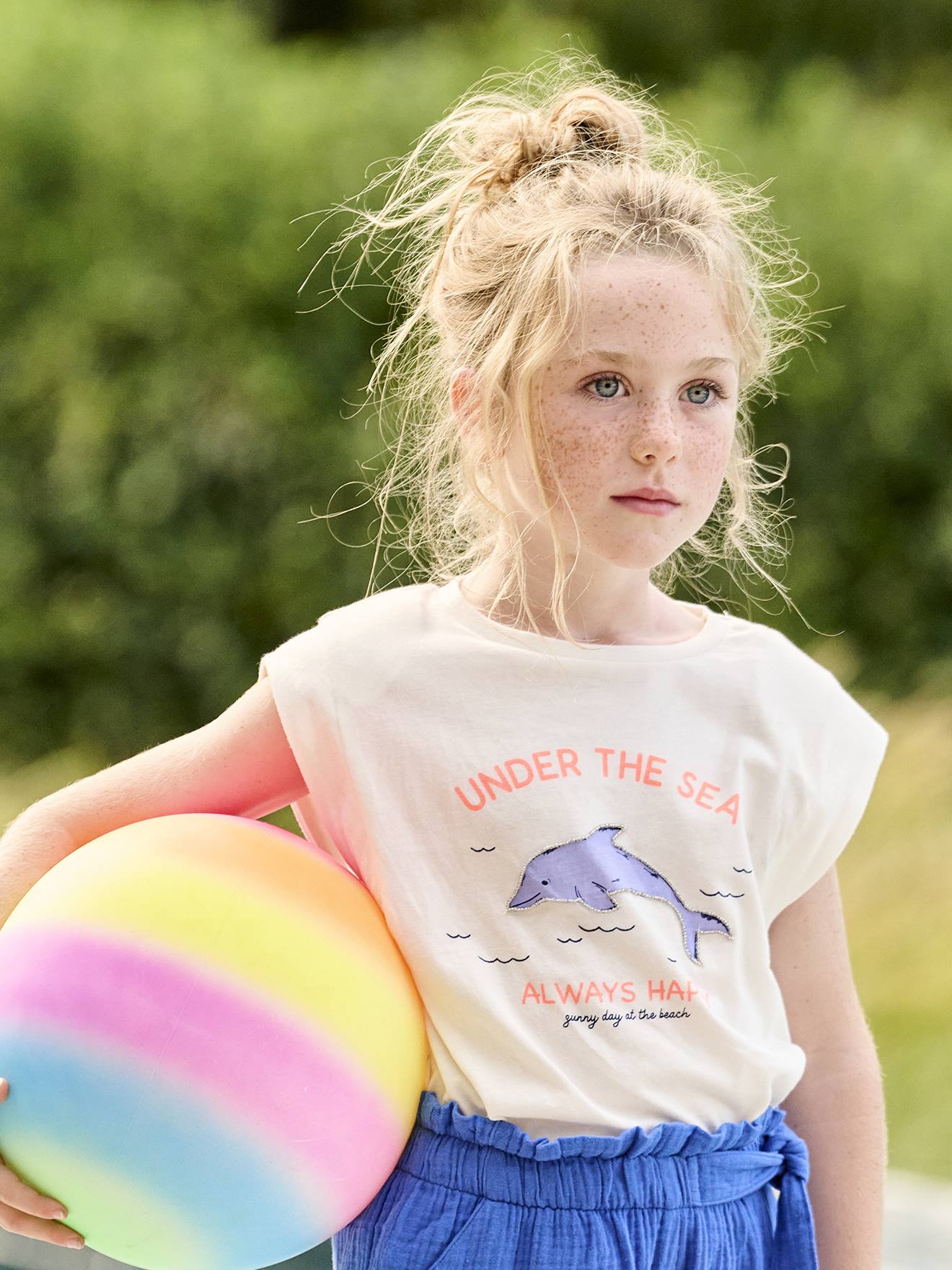 T-shirt à épaulettes motif placé fille blanc