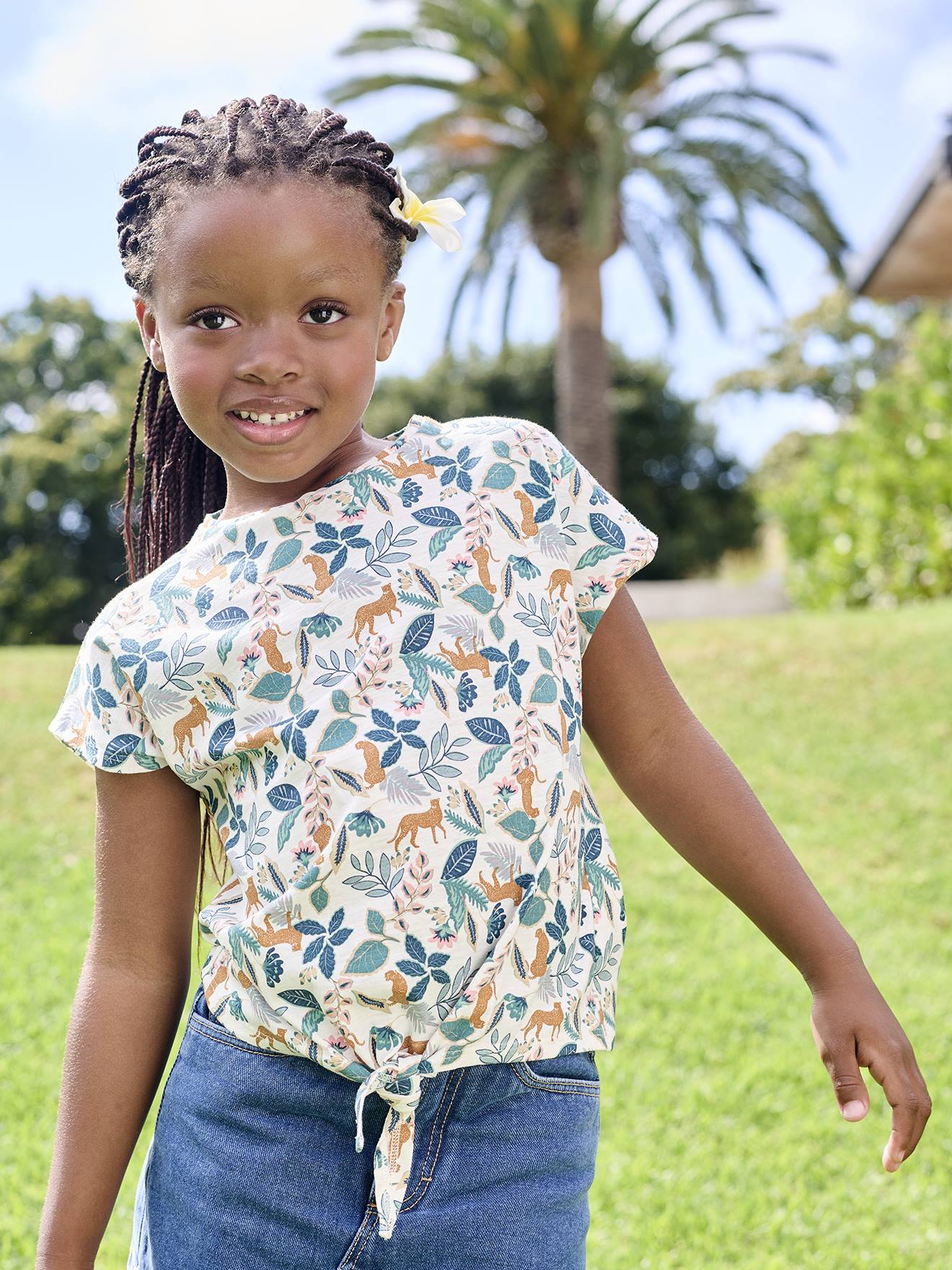 T-shirt imprimé fille avec noeud fantaisie blanc imprimé