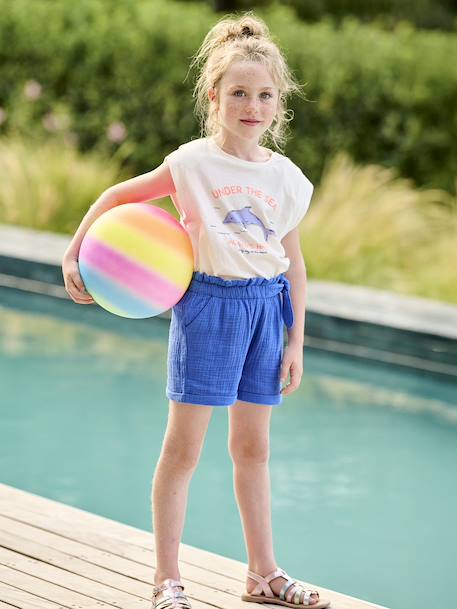 Fille-Short-Short en gaze de coton style "paperbag" fille