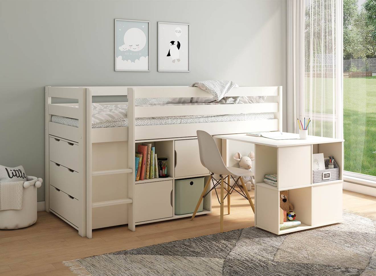 Lit Mi-hauteur Avec Bureau Et Rangement Jade Blanc