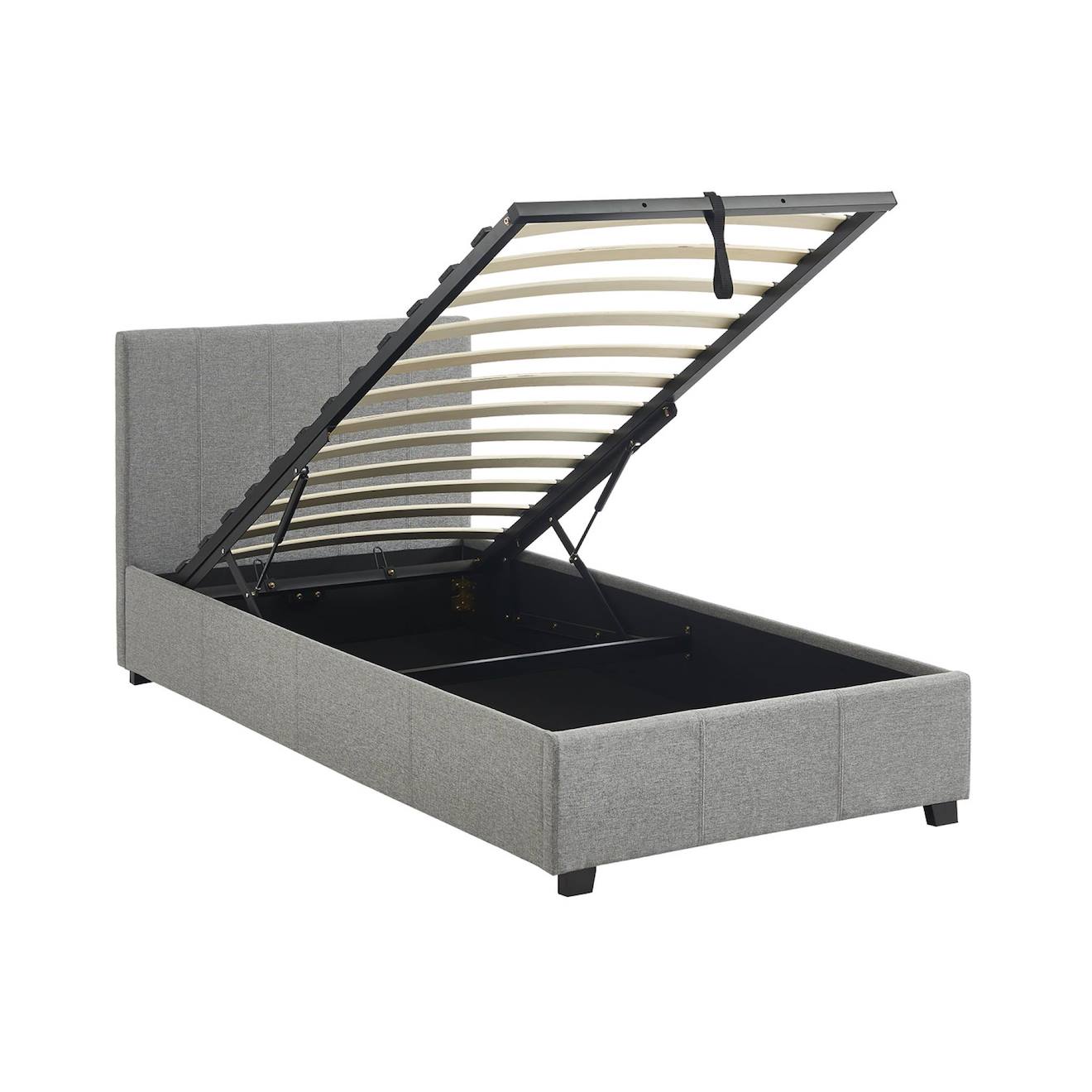 Lit Coffre Avec Sommier À Lattes Et Tête De Lit Finition Tissu Avalon Gris Clair