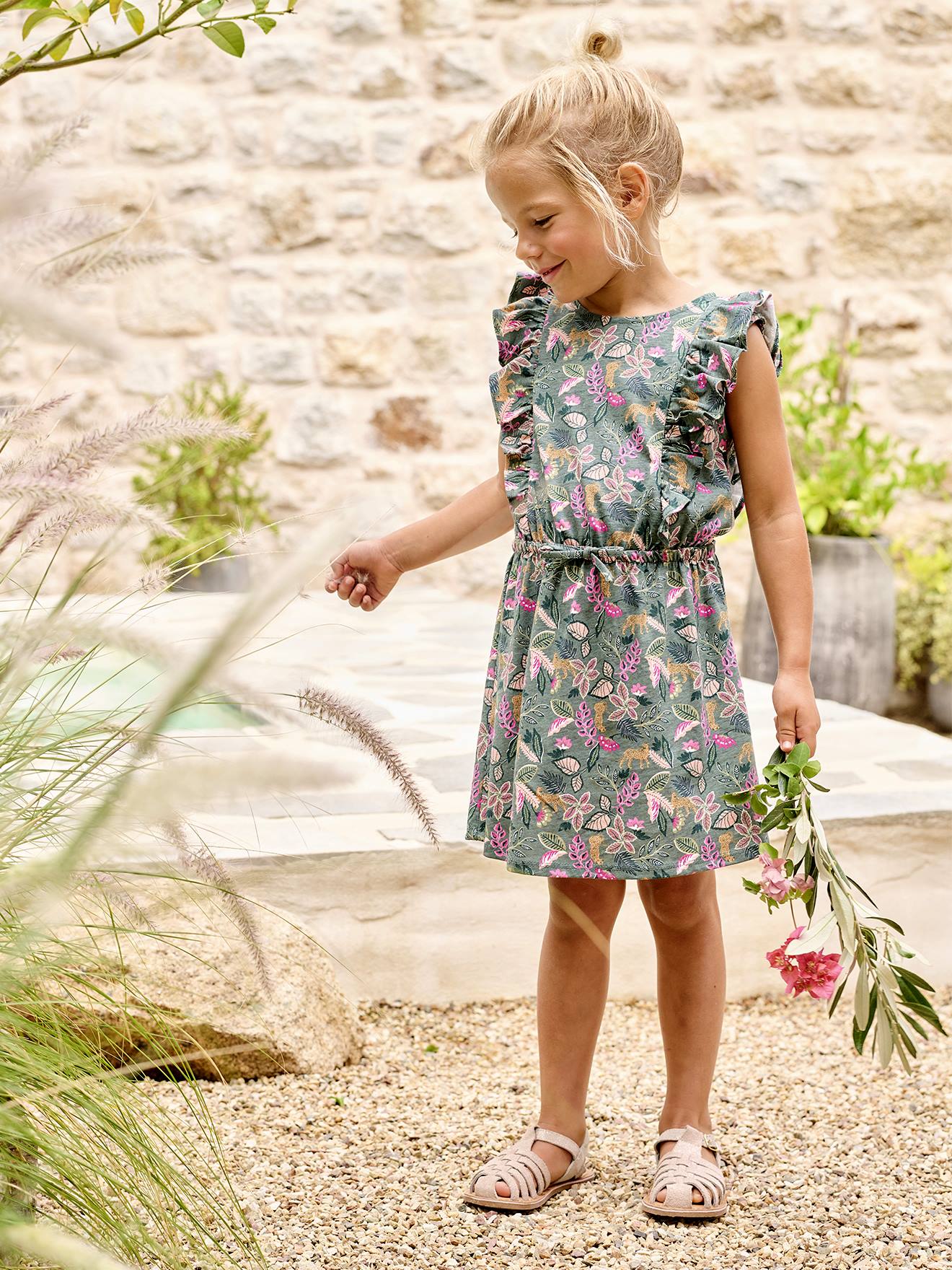 Robe imprimée manches volantées fille vert émeraude