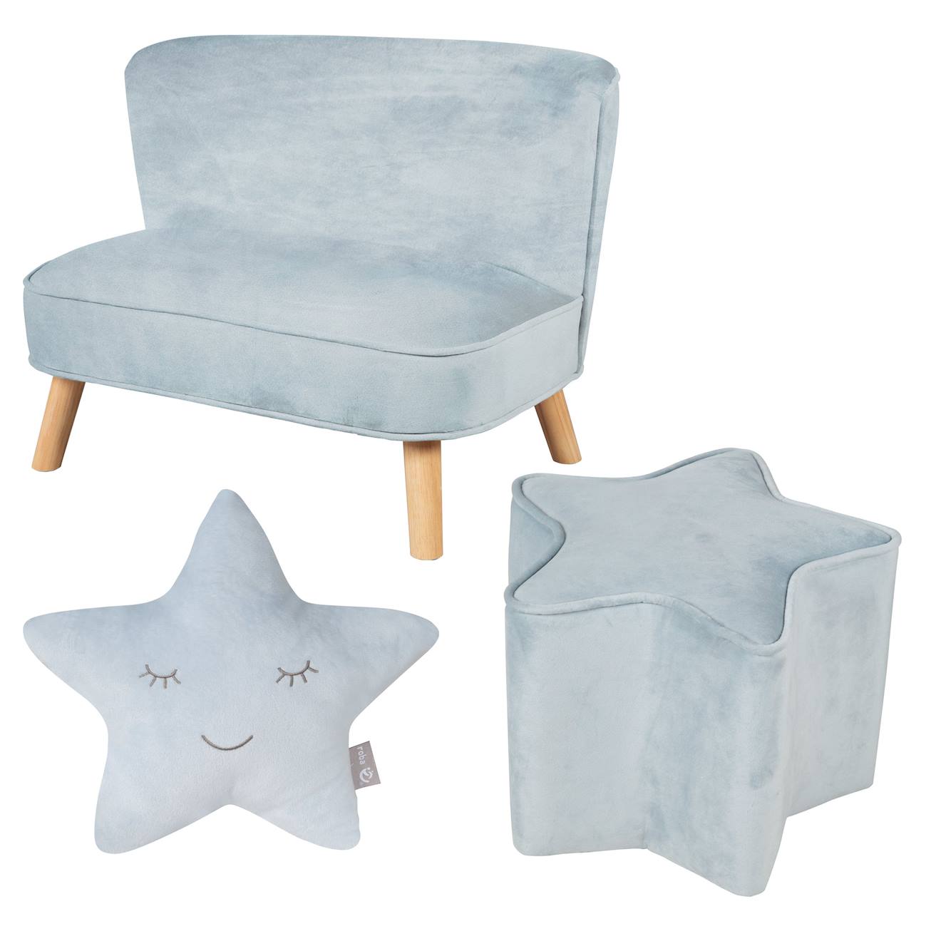 Set Canapé Enfant + Pouf Étoile + Coussin Décoratif En Velours - Lil Sofa Bleu Clair