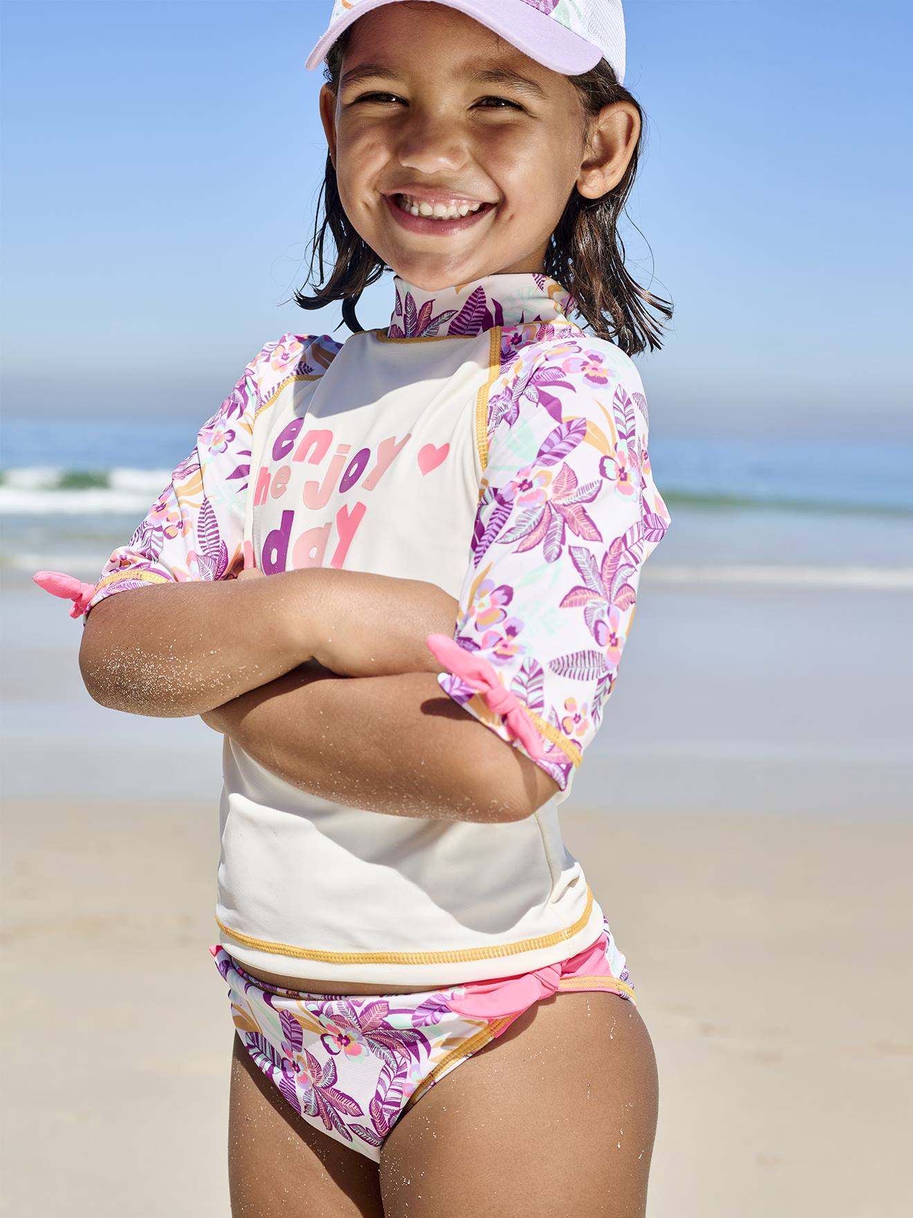 Ensemble de bain fille T-shirt anti-UV + culotte ecru/imprimé