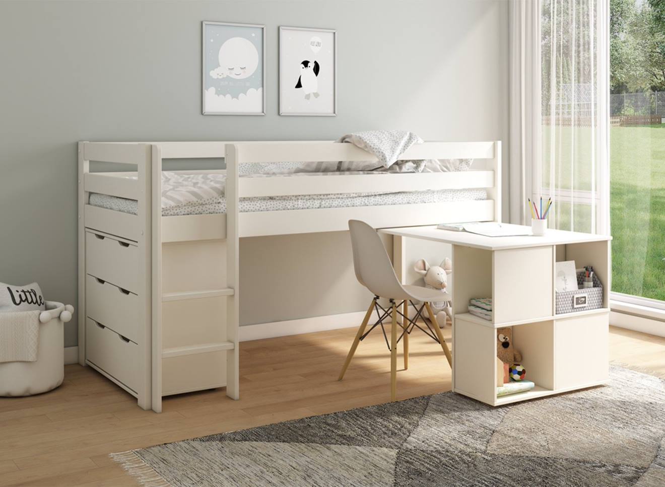 Lit Mi-hauteur Avec Bureau Et Commode Jade Blanc