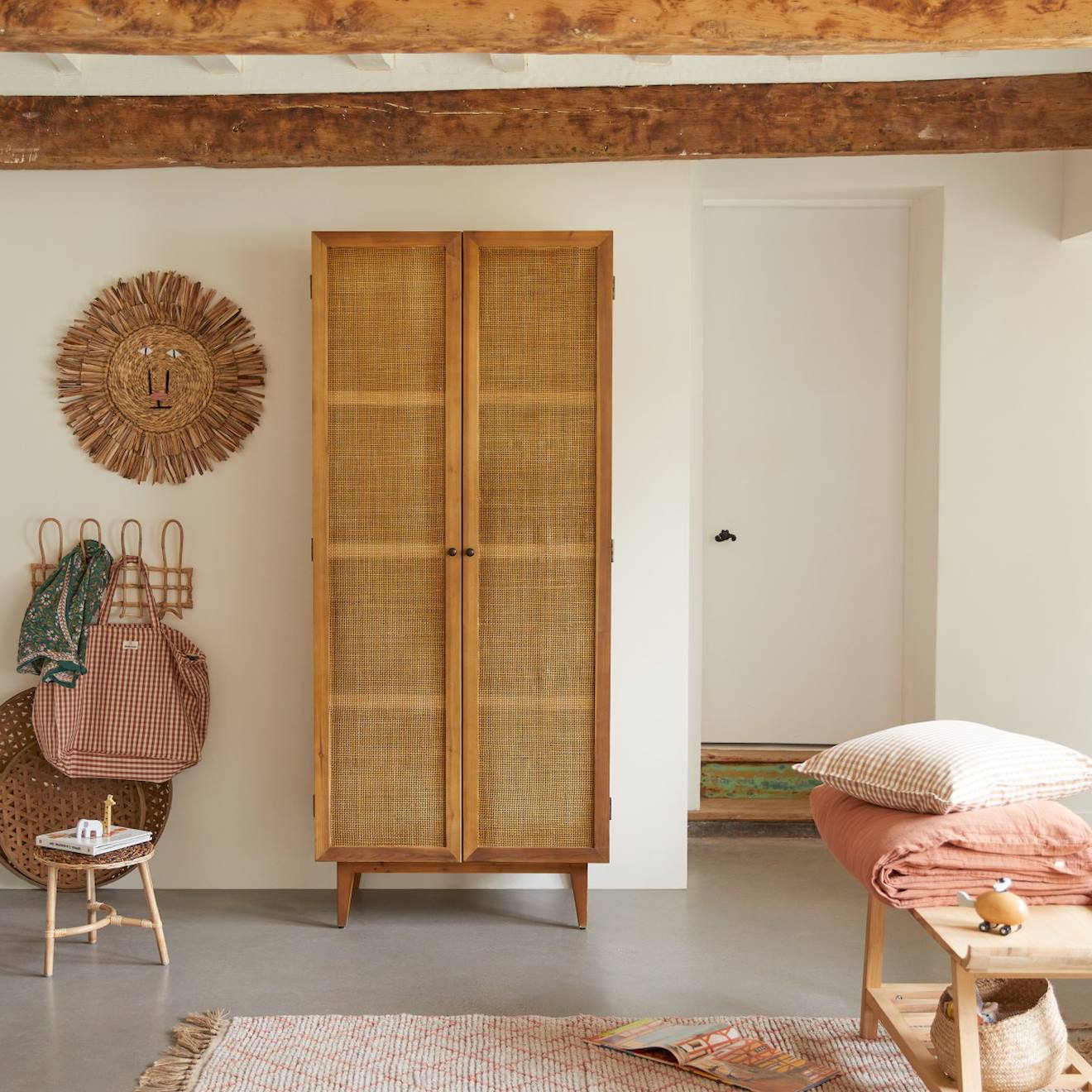 Armoire Enfant En Bois De Pin Et Cannage 200 Ninon Naturel
