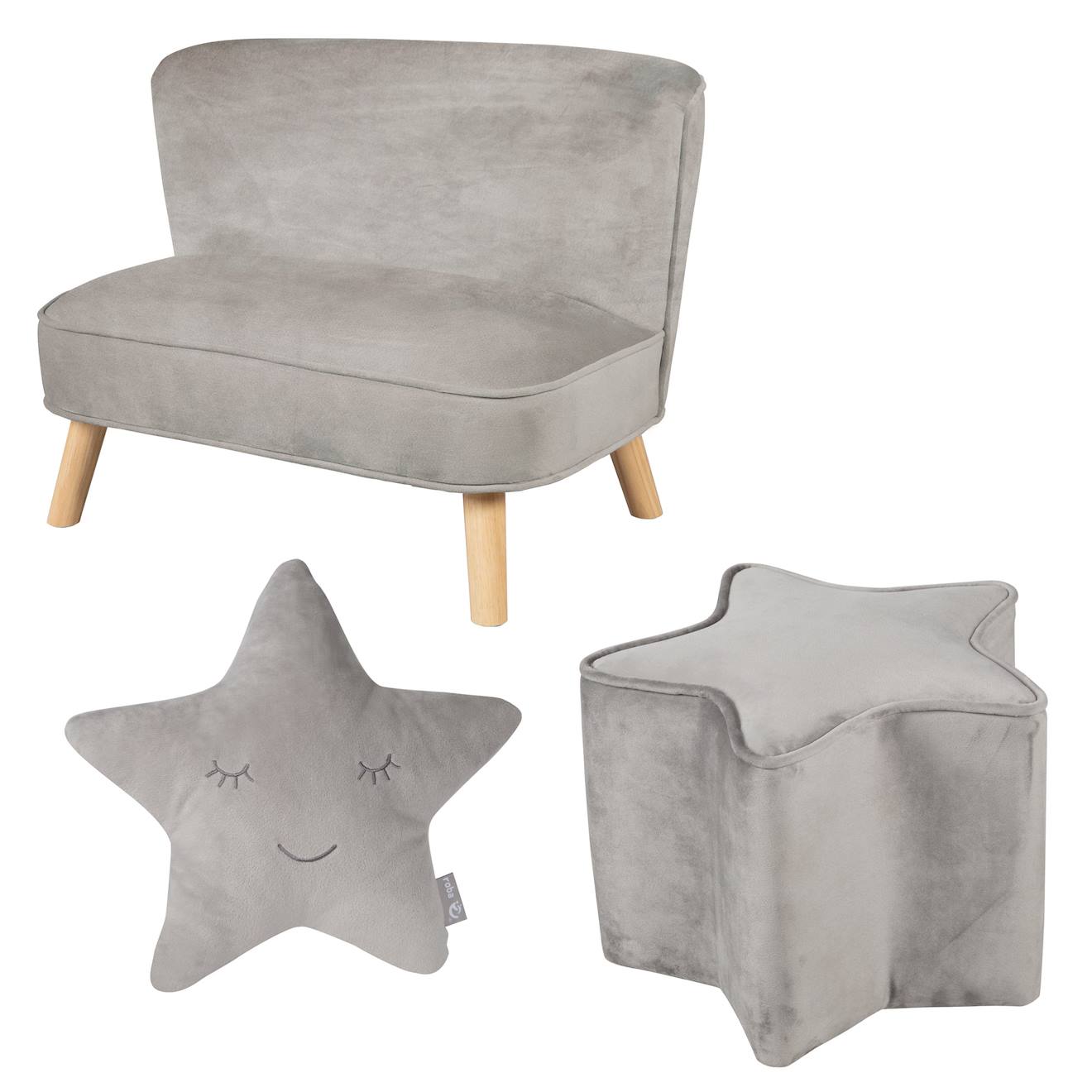 Set Canapé Enfant + Pouf Étoile + Coussin Décoratif En Velours - Lil Sofa Gris Argenté