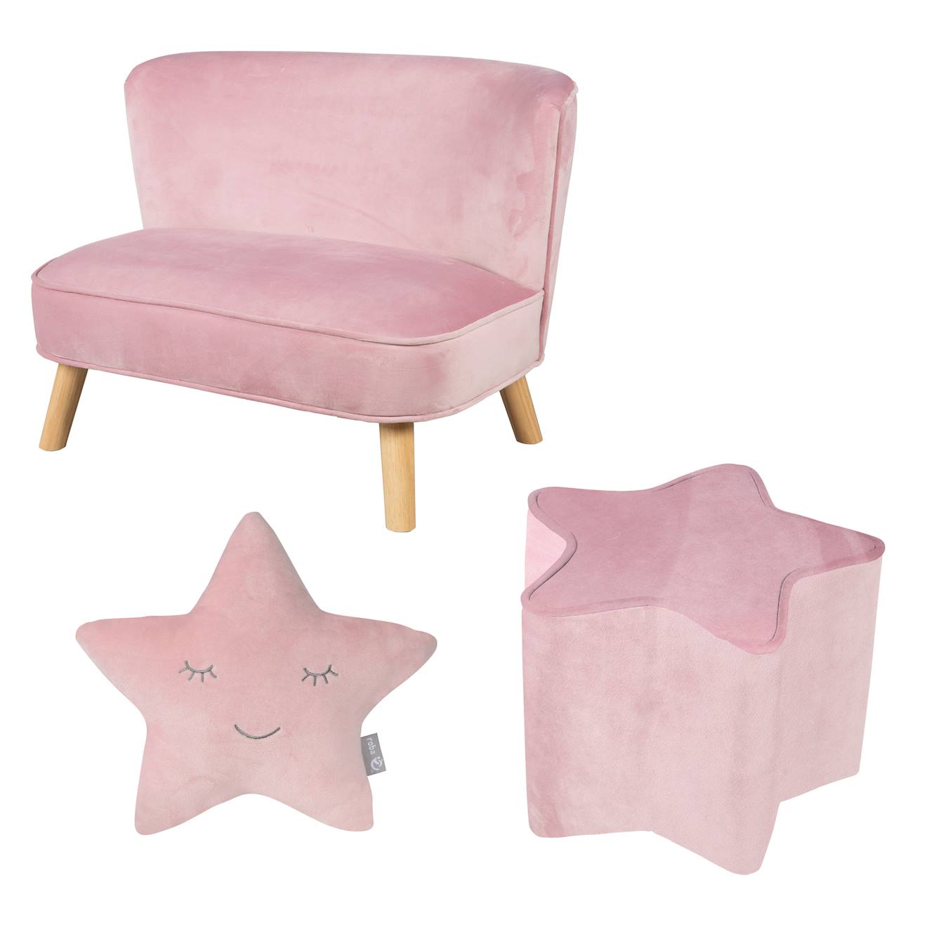 Set Canapé Enfant + Pouf Étoile + Coussin Décoratif En Velours - Lil Sofa Rose Pastel