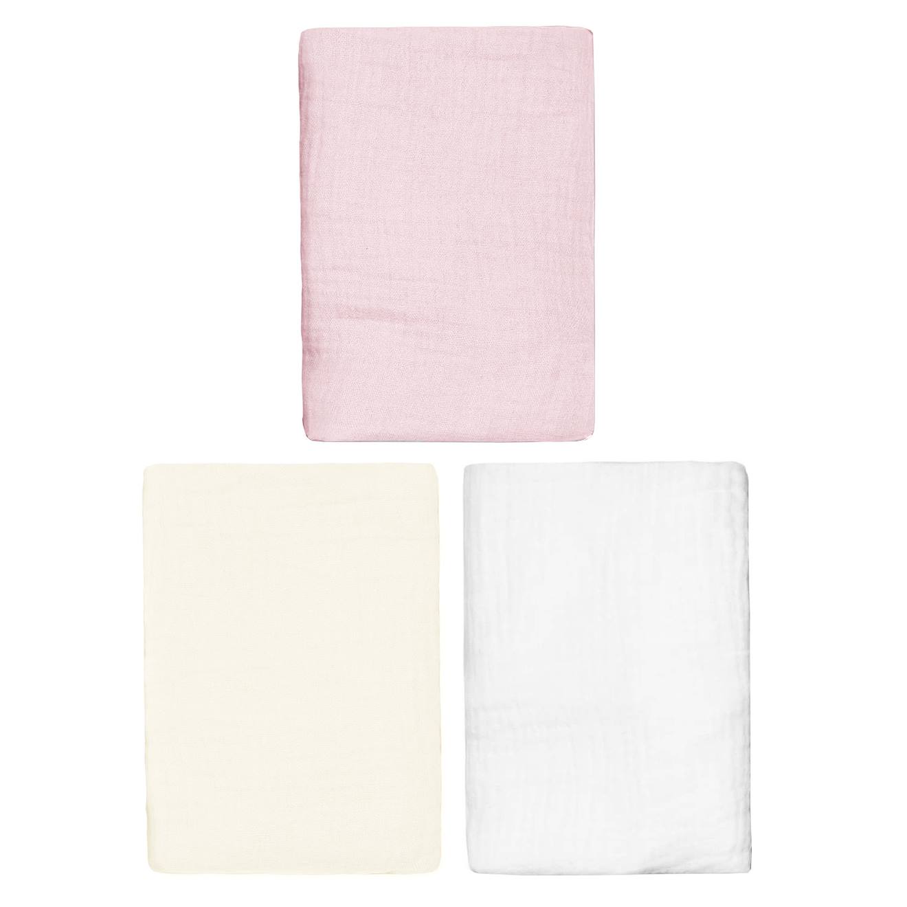 Lot De 3 Draps Housses Couffin En Gaze De Coton Uni Rose, Écru, Blanc