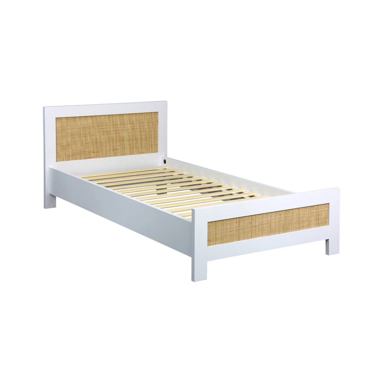 Lit Enfant Effet Bois Et Cannage Sommier Inclus Bohème Blanc Cassé