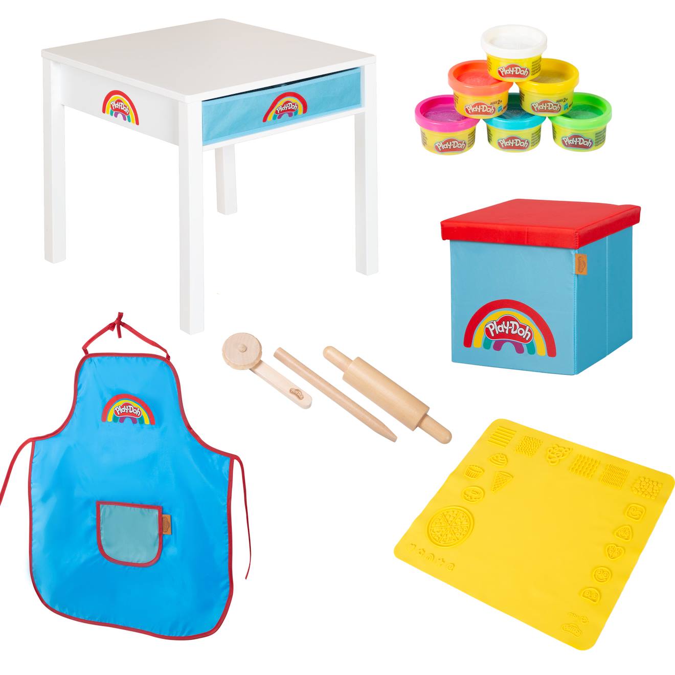 Table Enfant + Tabouret + 6 Pots De Pâte À Modeler X Play-doh Et Accessoires Blanc - Bleu