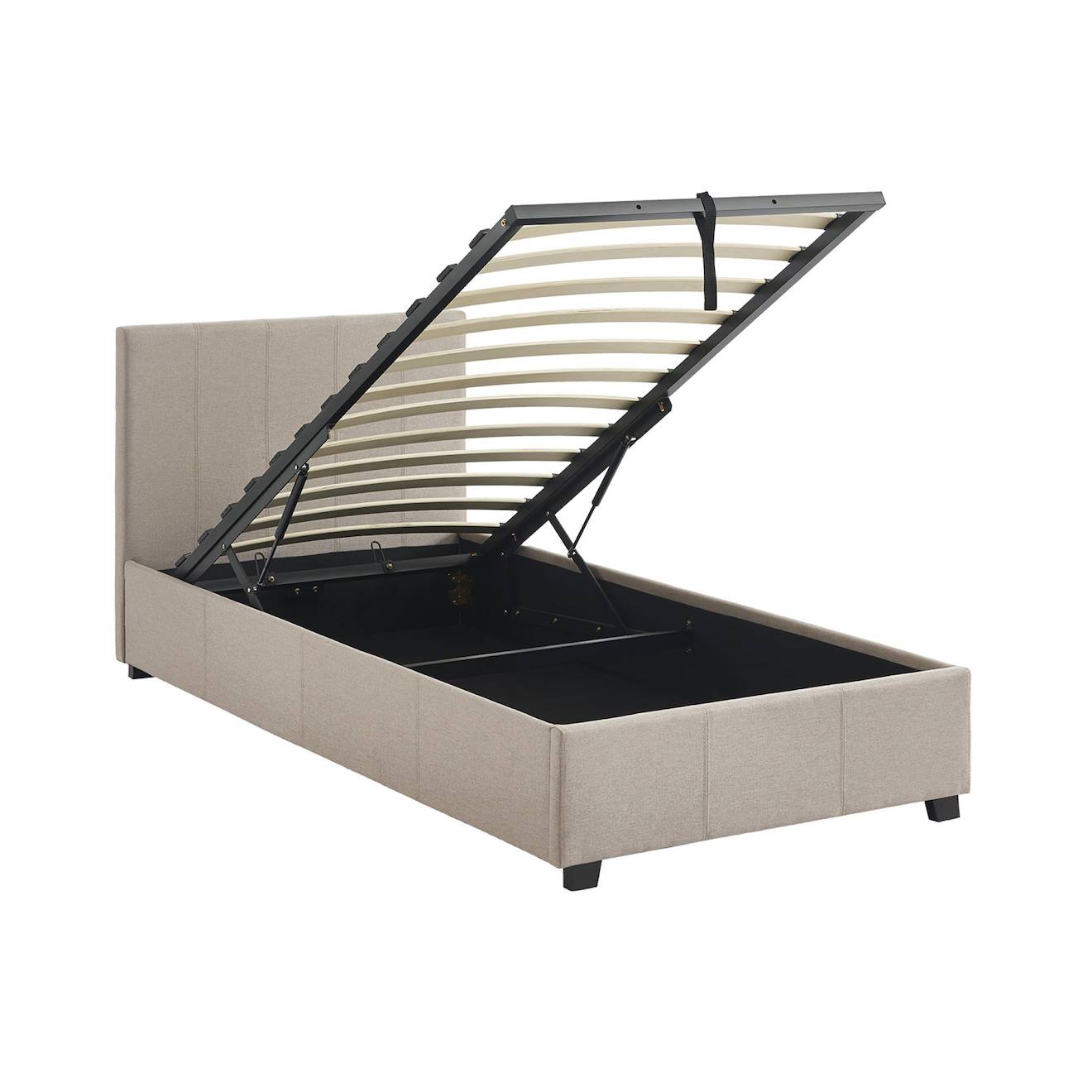 Lit Coffre Avec Sommier À Lattes Et Tête De Lit Finition Tissu Avalon Beige