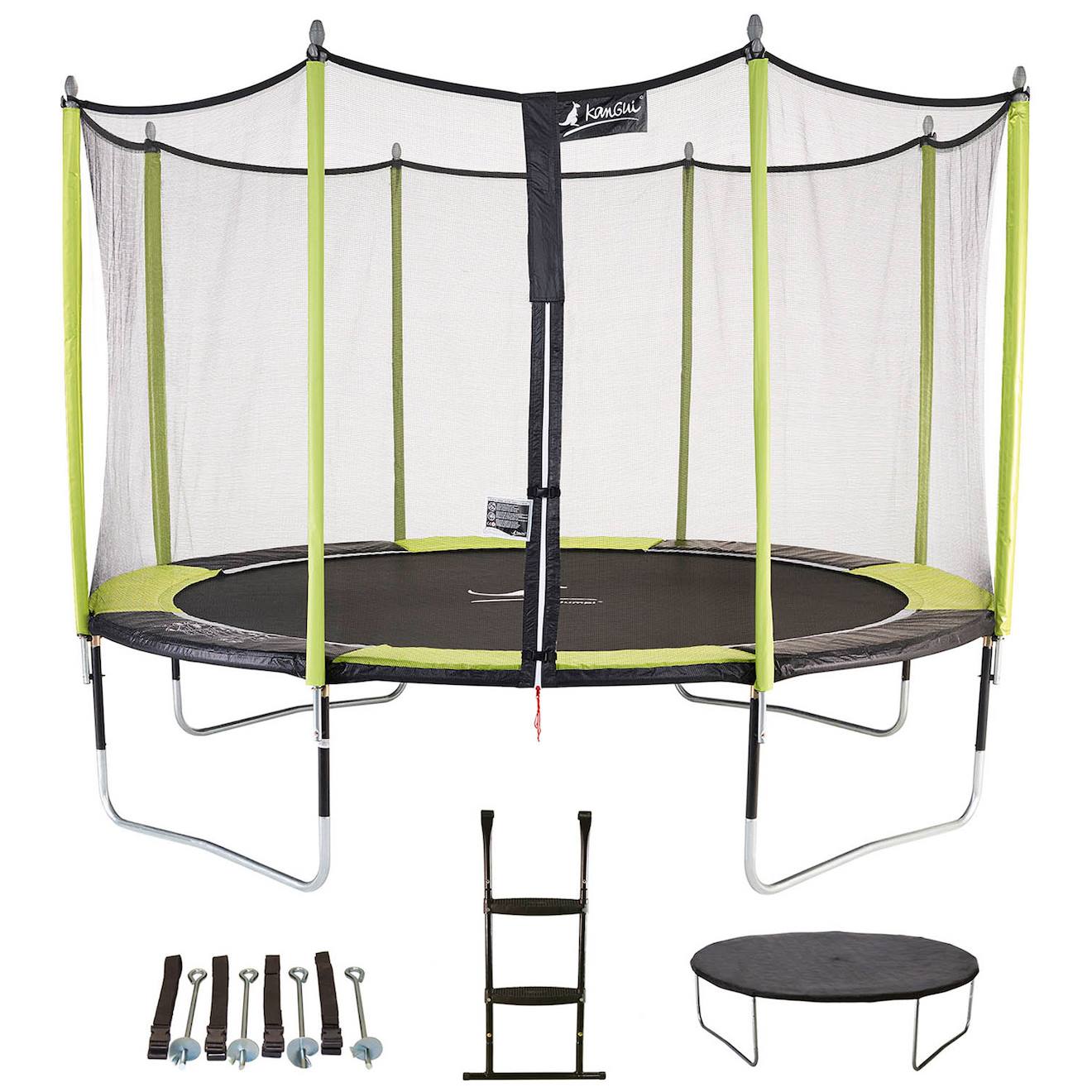 Trampoline De Jardin 365 Cm + Filet De Sécurité + Échelle + Bâche De Protection + Kit D'ancrage Jumpi Vert/noir 360 Vert