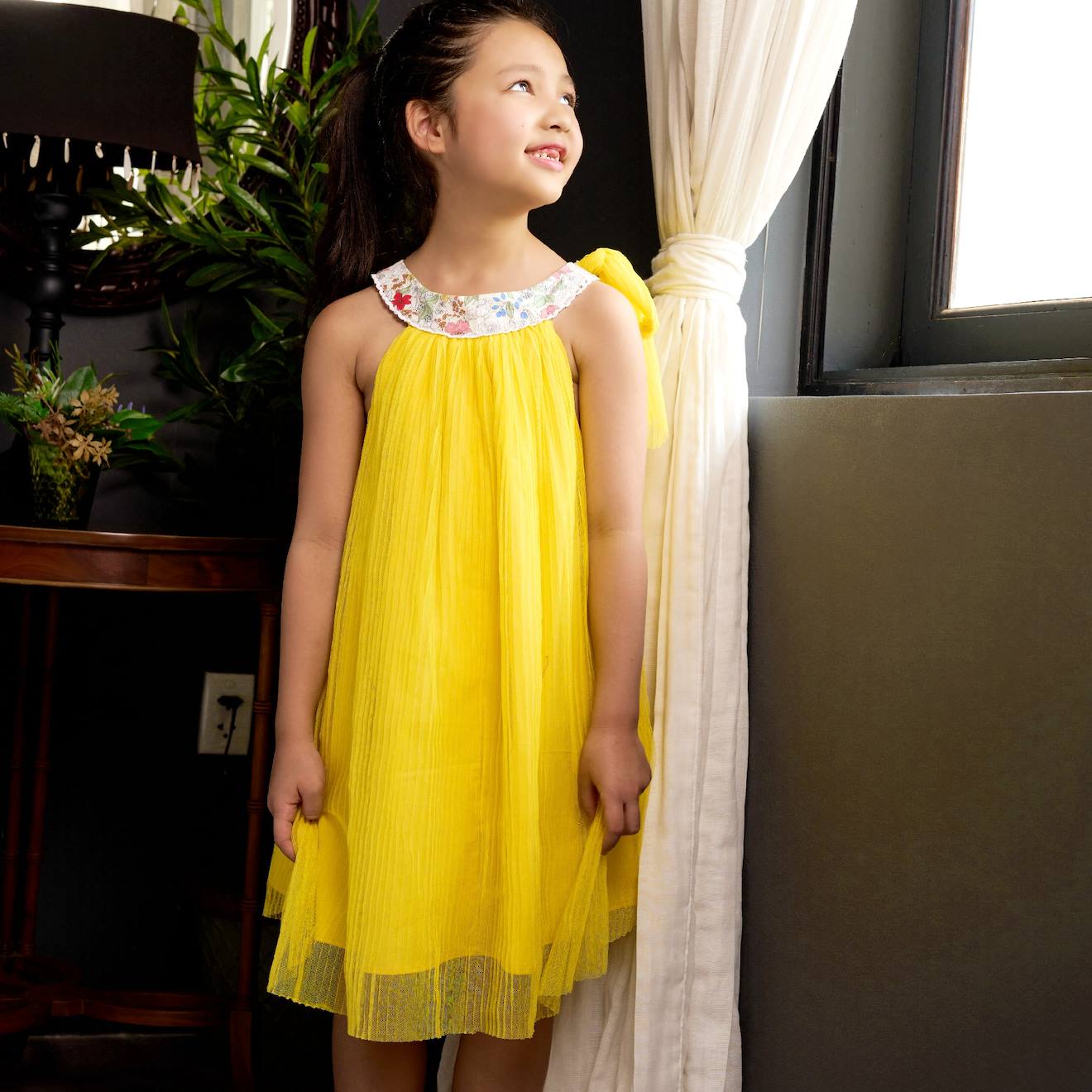 Robe Demoiselle D'honneur Col Fleuri Alizee Jaune Multicolore