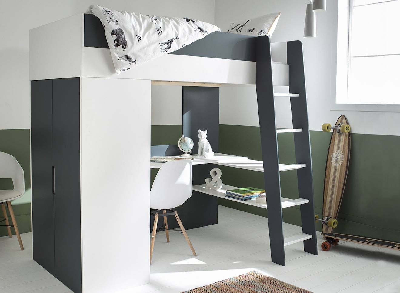Lit Mezzanine + Armoire & Bureau Opus Bleu Nuit