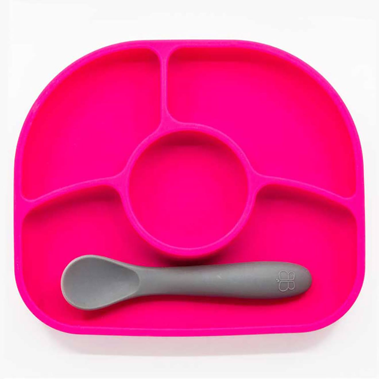 Assiette À Compartiments Ventousée Et Cuillère En Silicone Rose