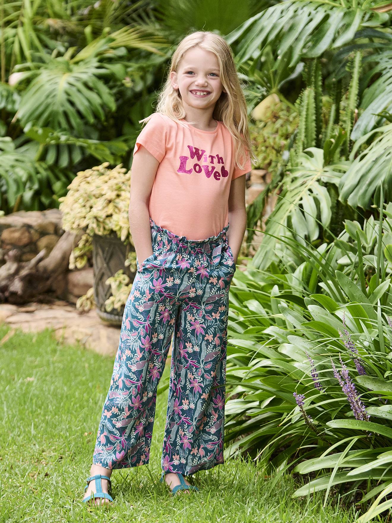 Pantalon large motifs fleurs fille vert émeraude