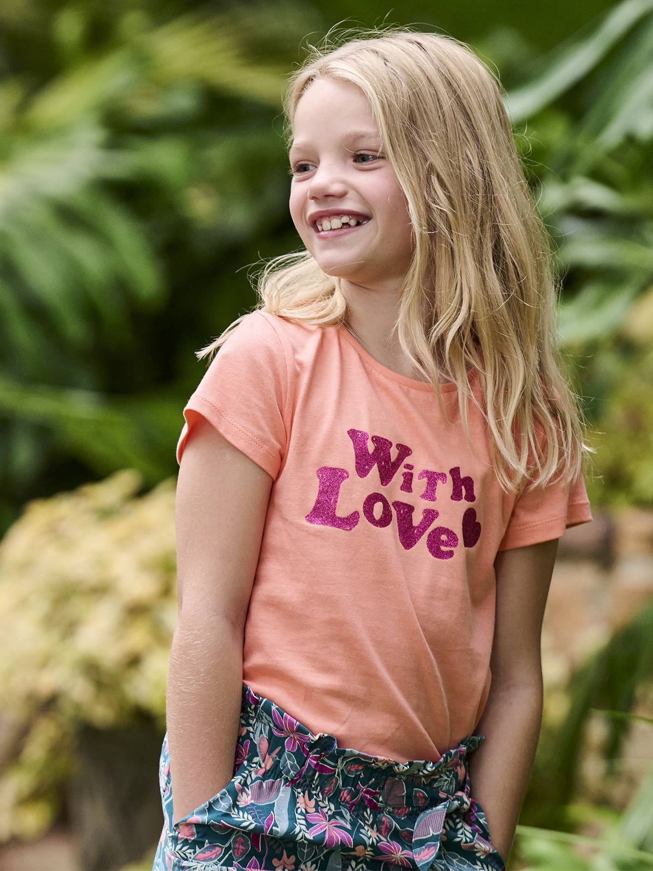 T-shirt Basics motif placé fille manches courtes corail