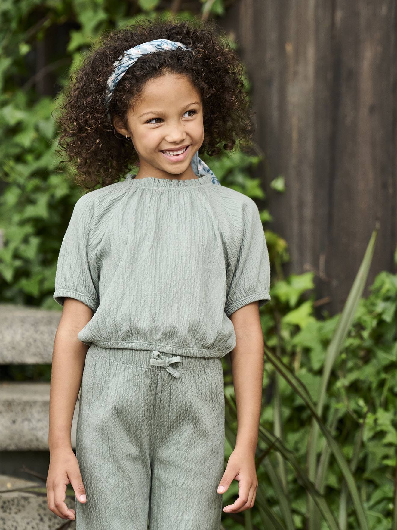 Tee-shirt blouse forme crop fille vert sauge