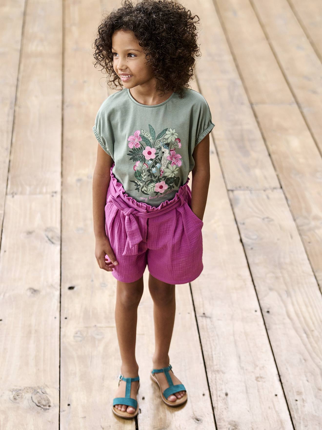 Short en gaze de coton avec ceinture fille violet