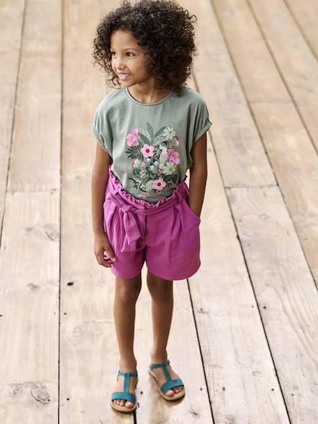 Fille-Short en gaze de coton avec ceinture fille