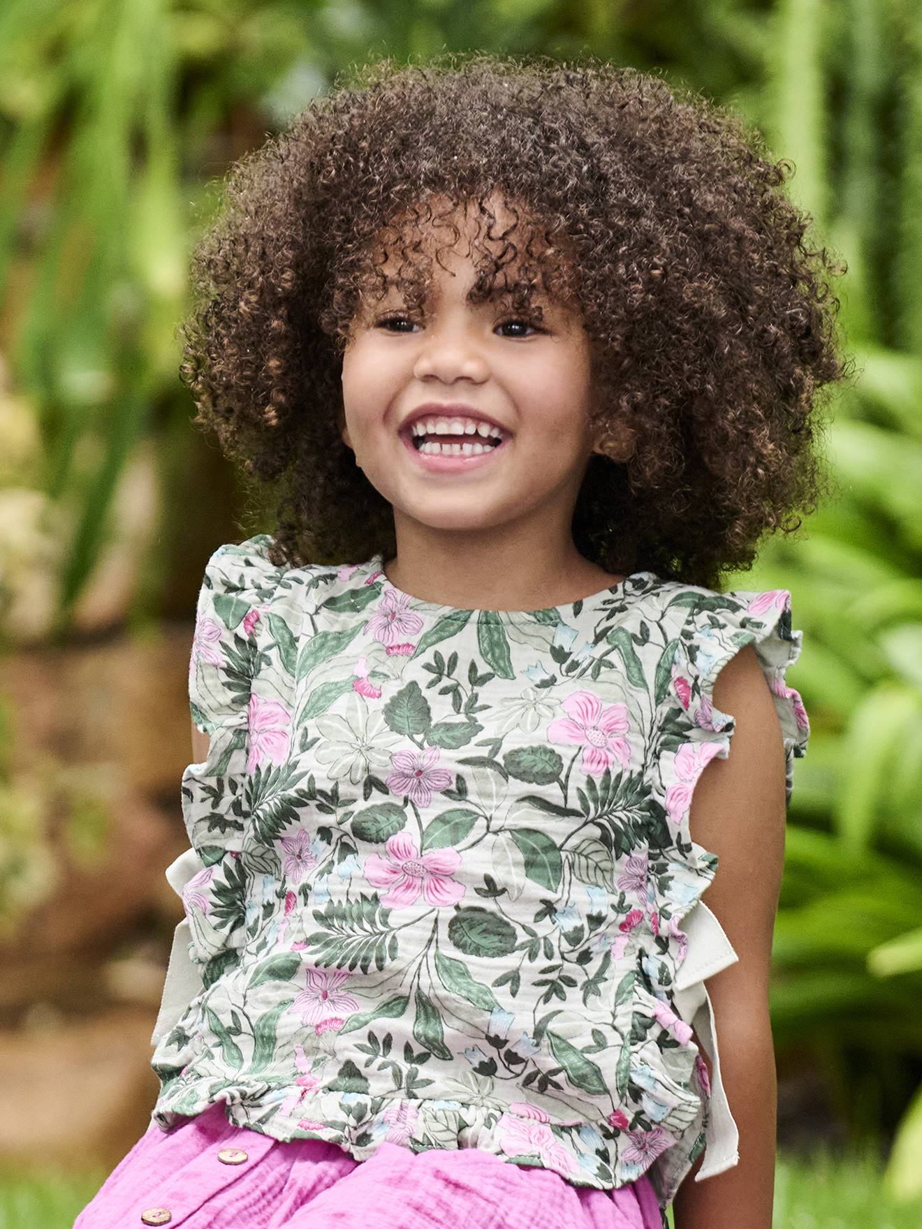 Blouse plastron en gaze imprimée fille vert sauge