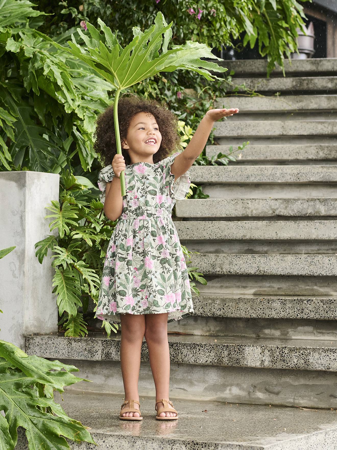 Robe en gaze de coton imprimée fille vert sauge