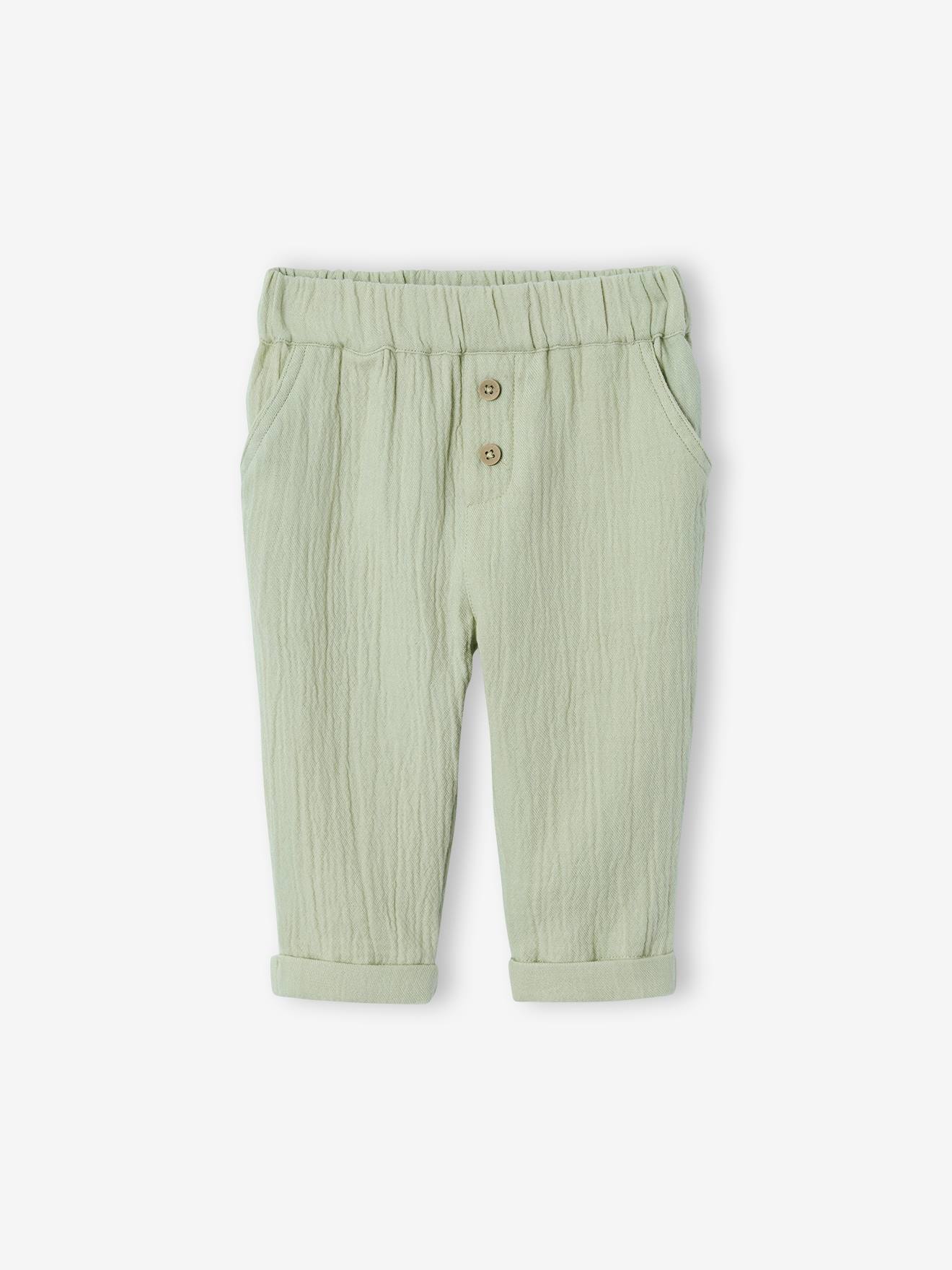 Pantalon en gaze coton bébé vert de gris