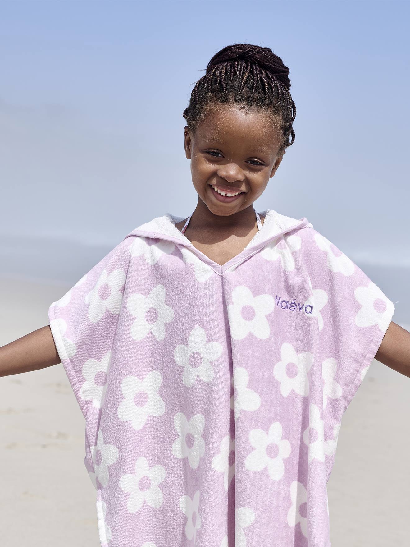 Poncho de bain / plage enfant personnalisable, avec coton recyclé lilas