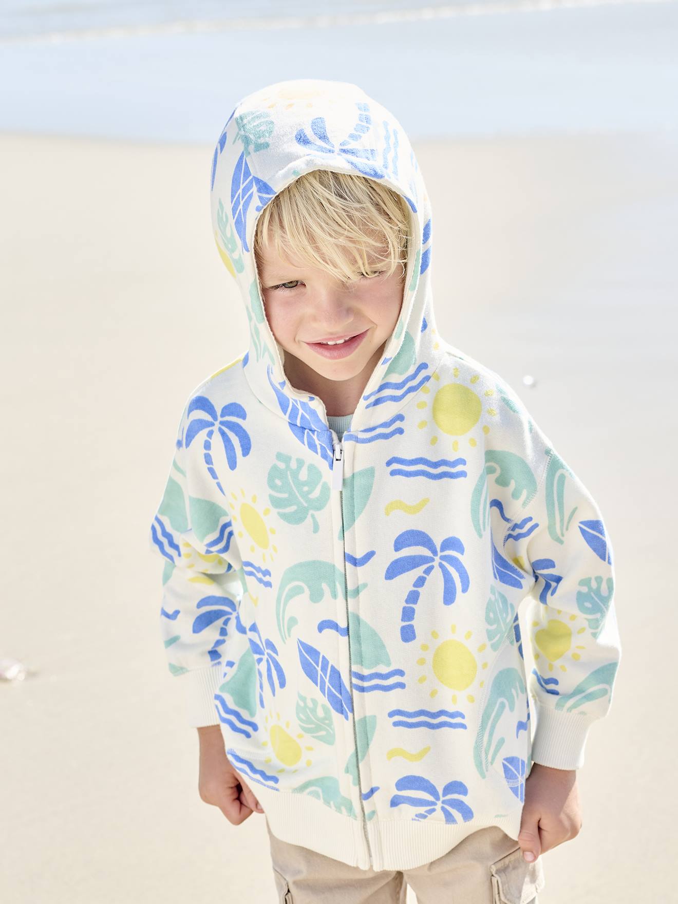 Sweat zippé à capuche motifs surf garçon blanc imprimé