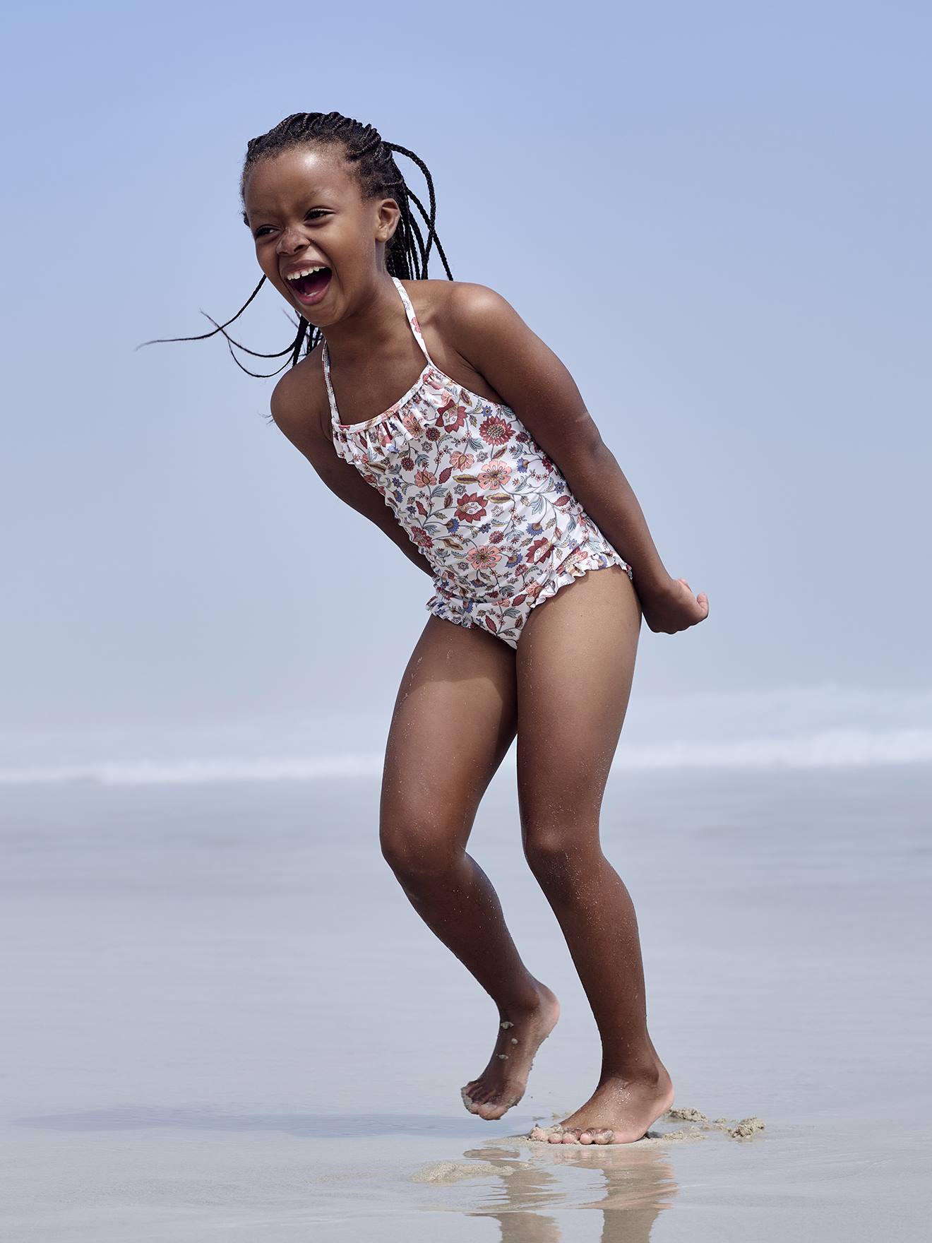 Maillot de bain fille 1 pièce noué à la nuque écru imprimé