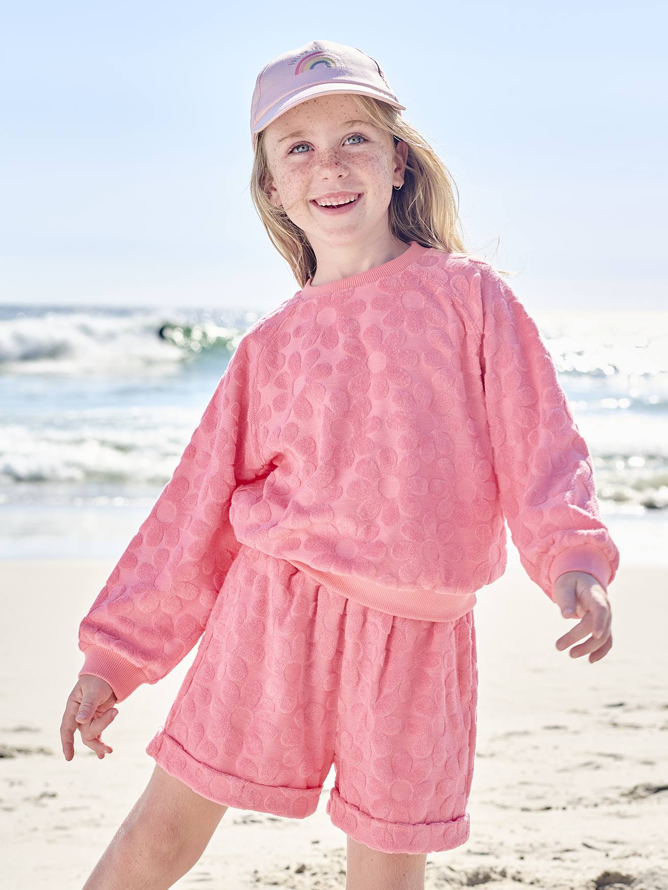 Ensemble sweat et short fleurs en éponge fille rose bonbon