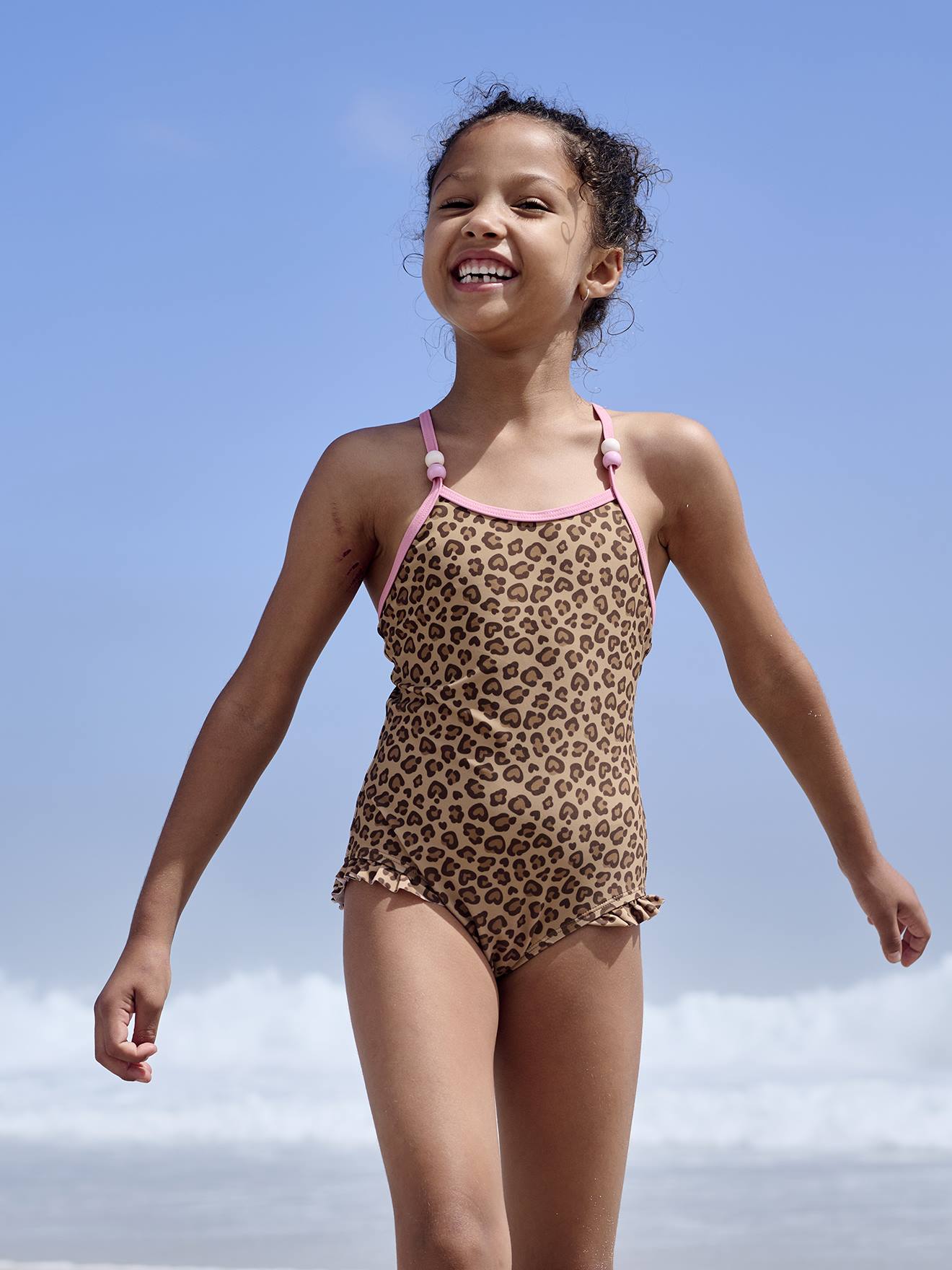 Maillot de bain tropical 1 pièce fille beige