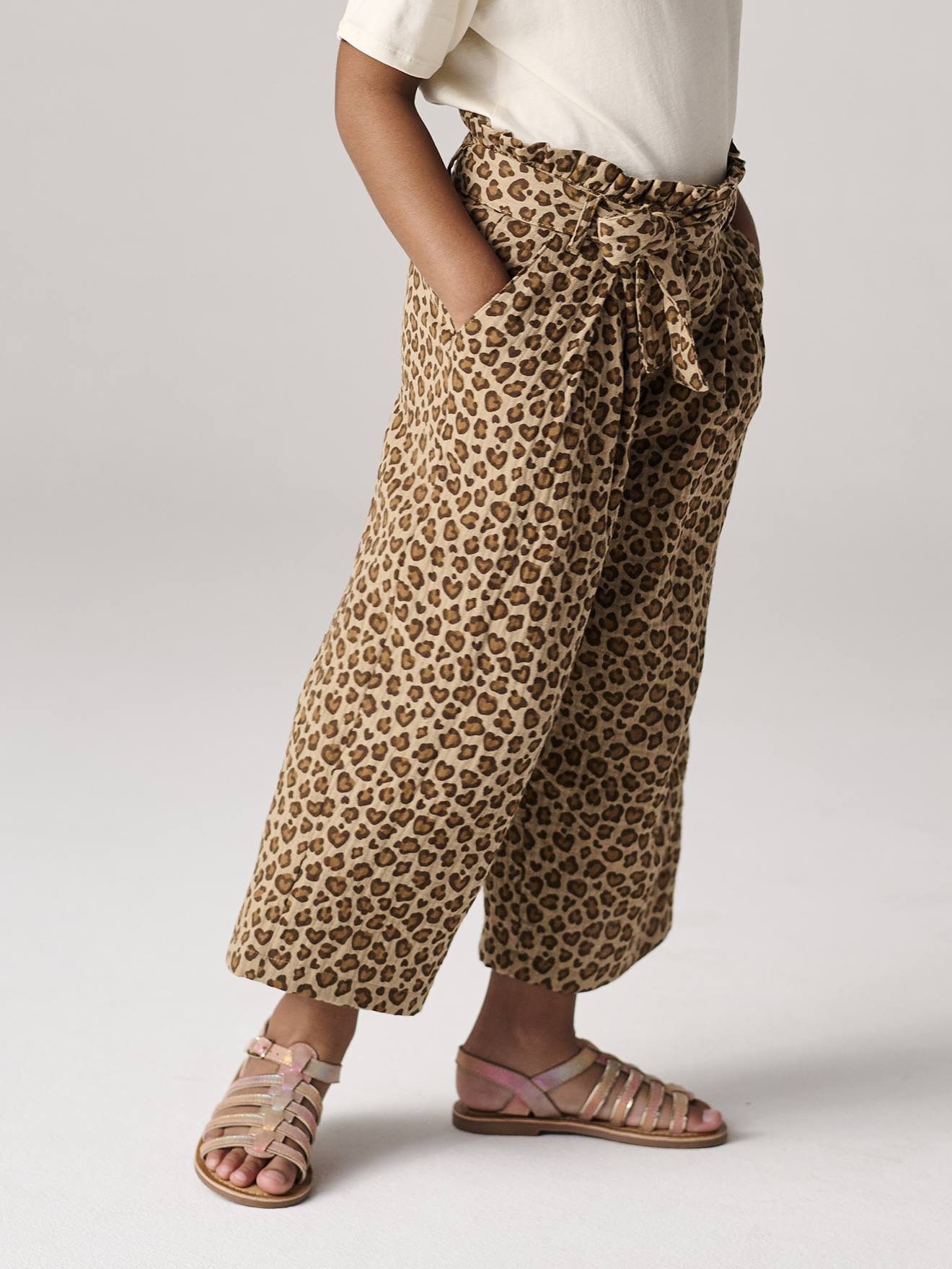Pantacourt fille large gaze de coton style paperbag léopard