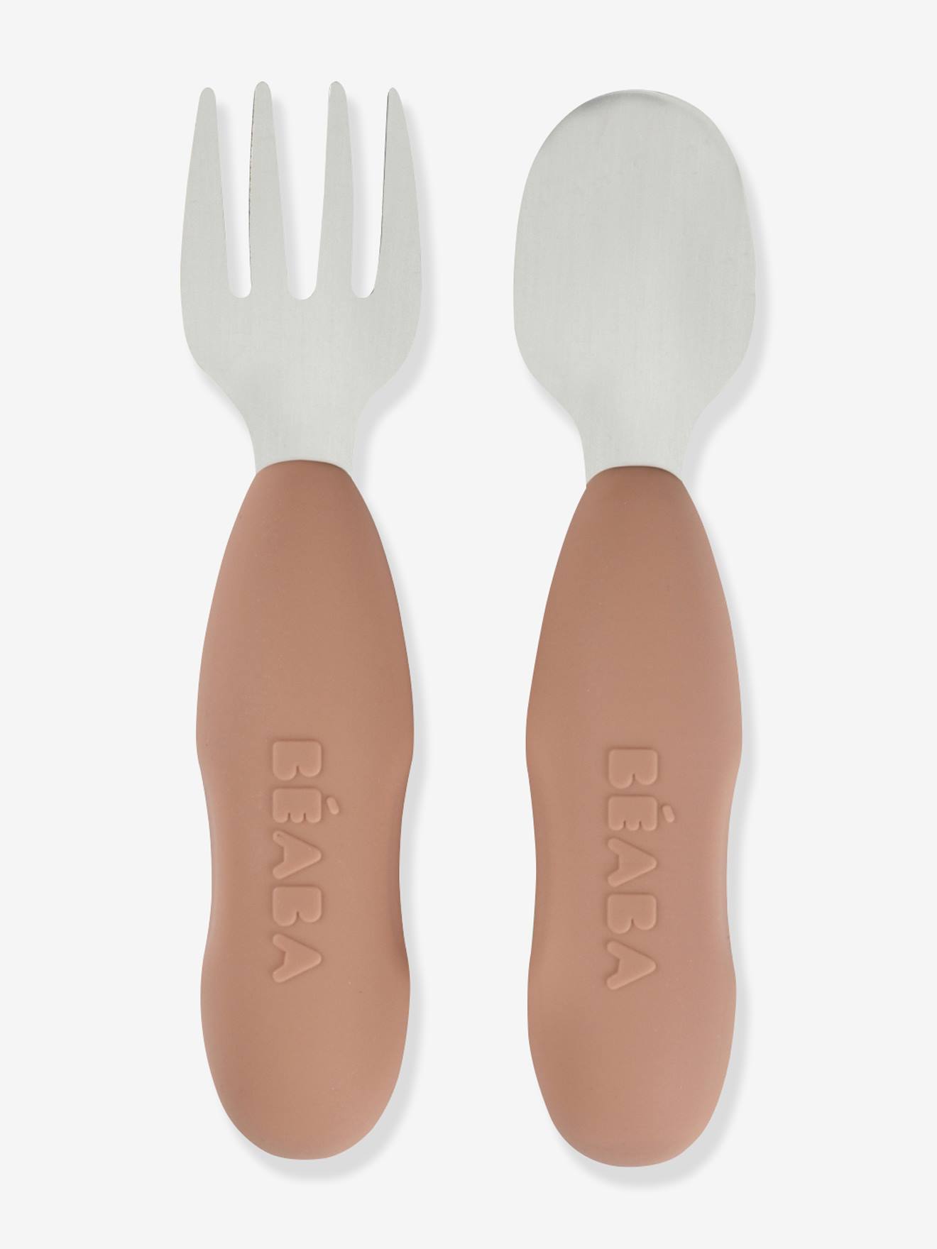 Lot de 2 pré-couverts d'apprentissage 2e âge en inox et silicone beige imprimé