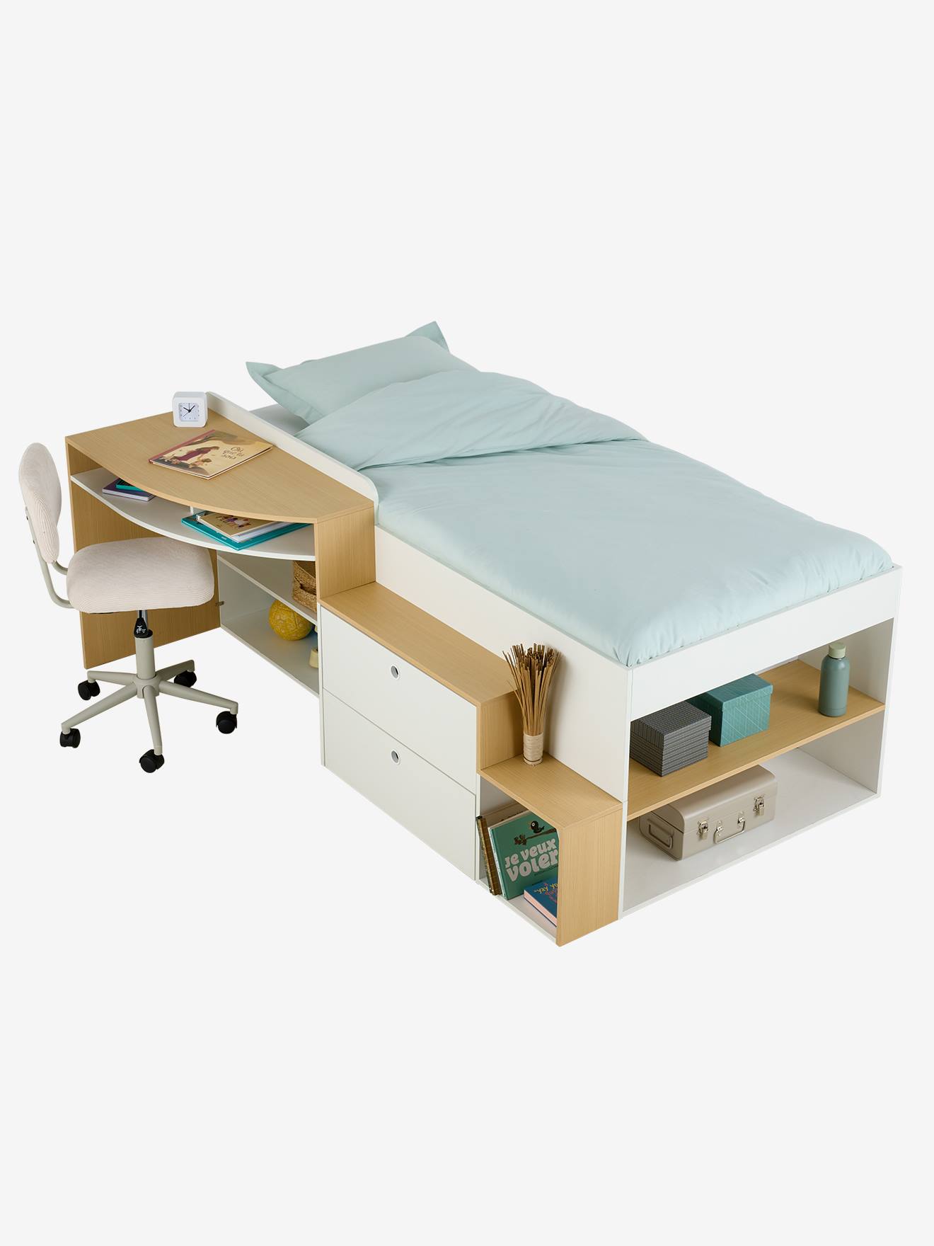 Lit enfant 90x190cm combiné avec bureau et rangement TEEN blanc