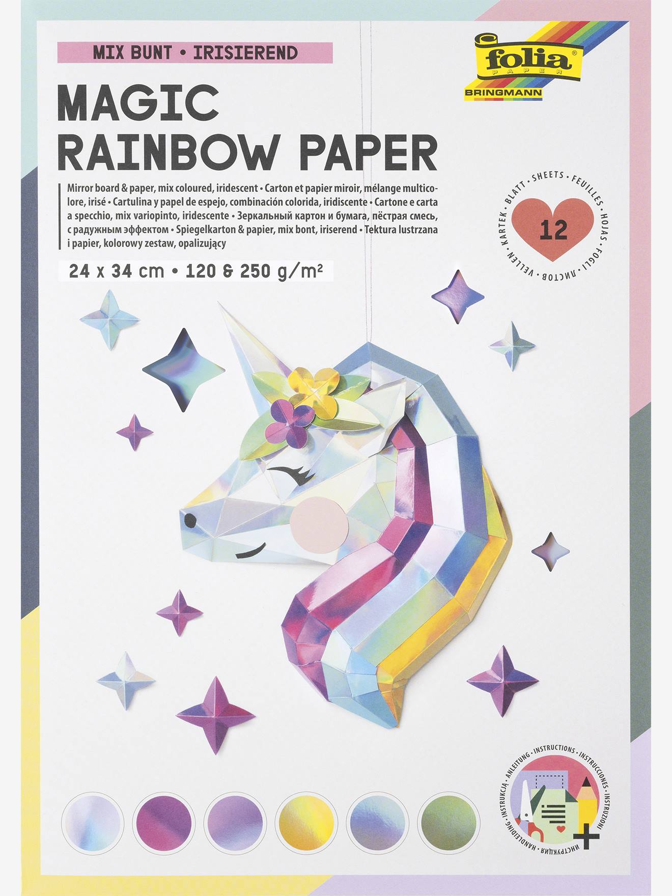 Bloc de papier créatif MAGIC RAINBOW PAPER folia, 12 feuilles multicolore