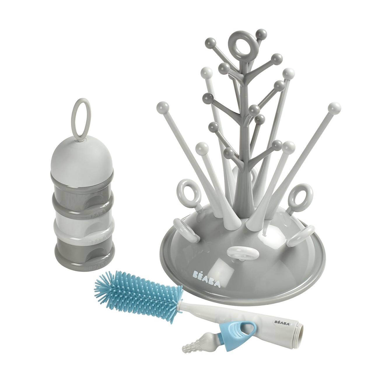 Coffret Naissance Égoutte Biberon + Boîte Doseuse + Goupillon Gris
