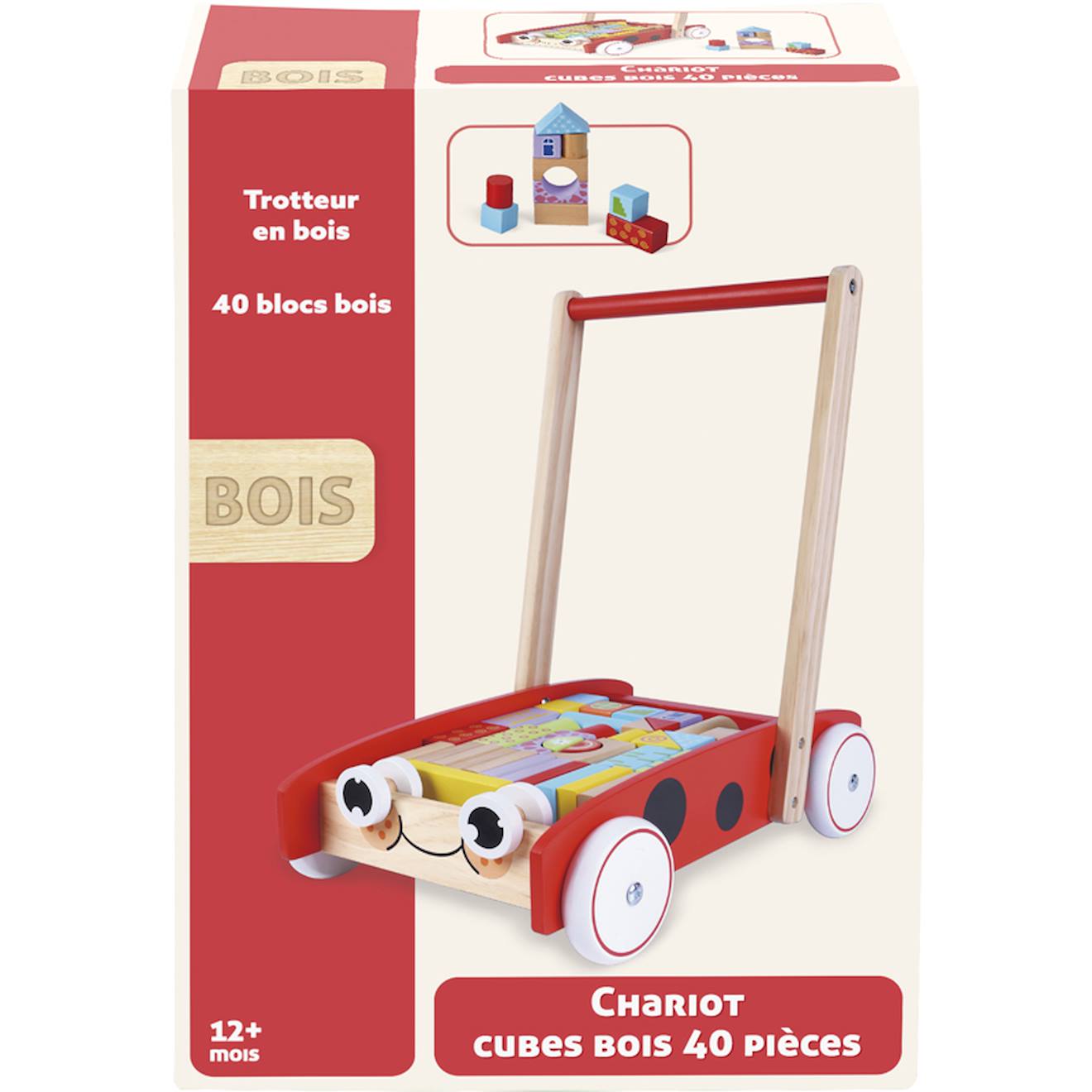 Chariot En Bois Avec 40 Cubes Éducatifs Multicolore