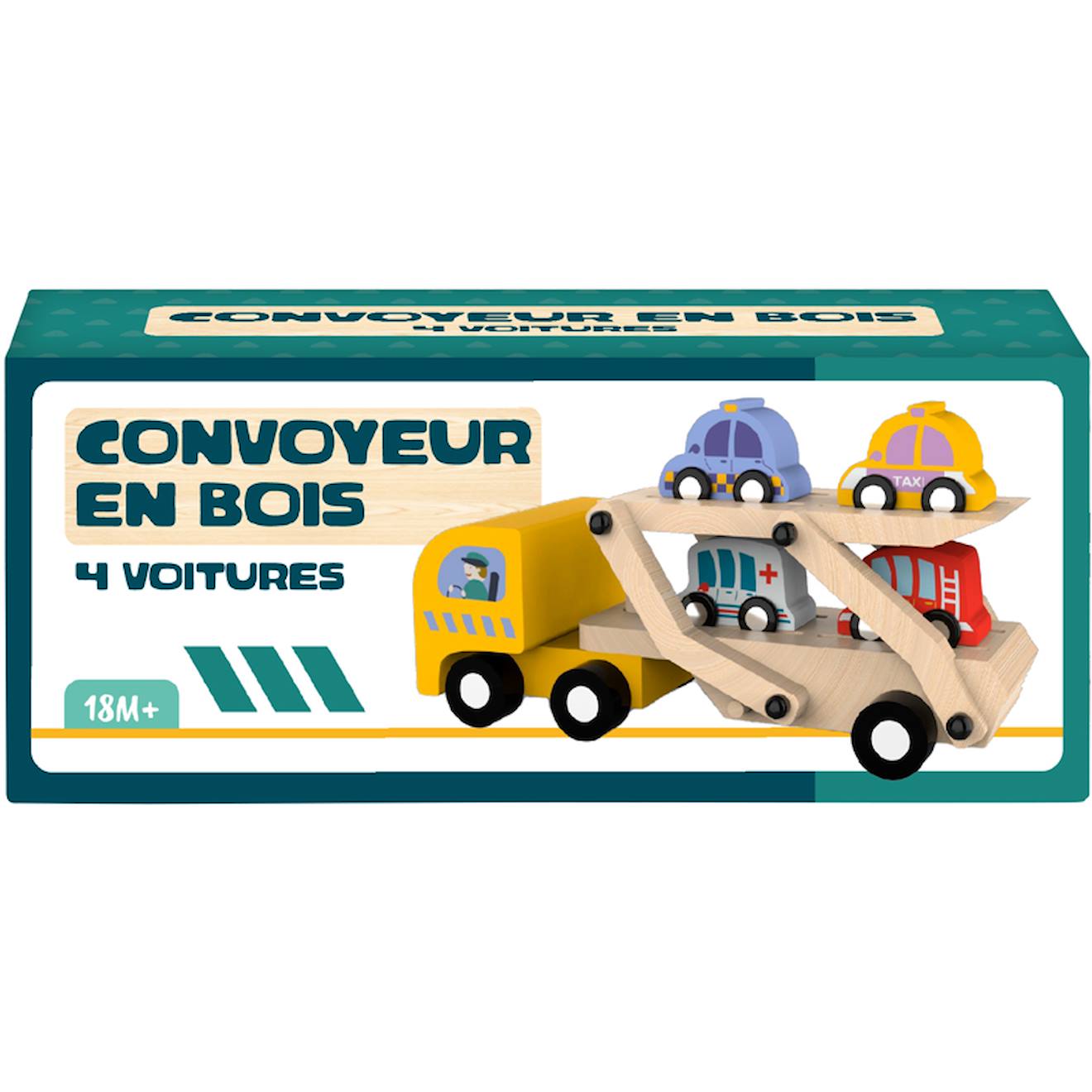 Convoyeur En Bois Avec 4 Voitures Multicolore