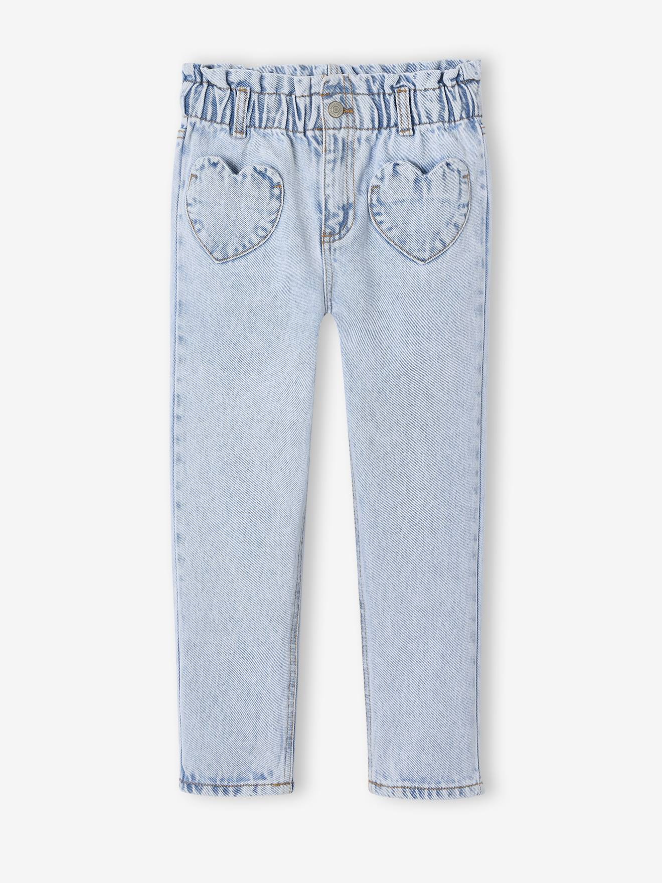 Jean fille paperbag poches coeur bleu clair