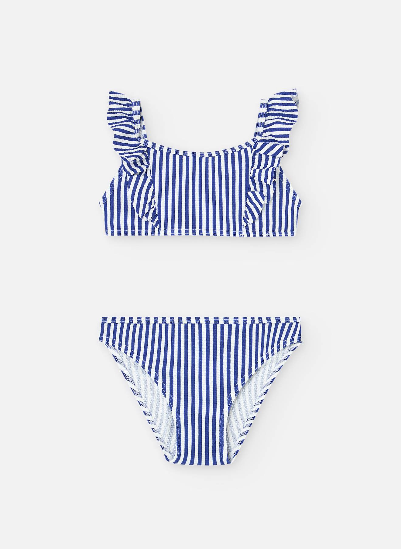 Bikini Avec Volants Et Imprimé Rayures Bleu